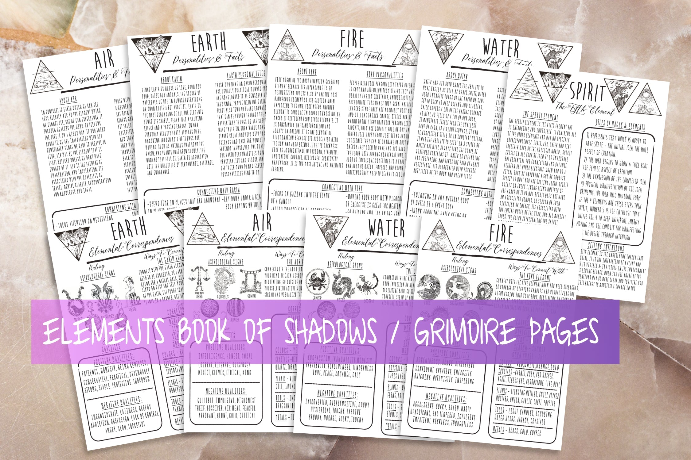 Elements Magic Book Of Shadows Witchcraft Grimoire Printable Set