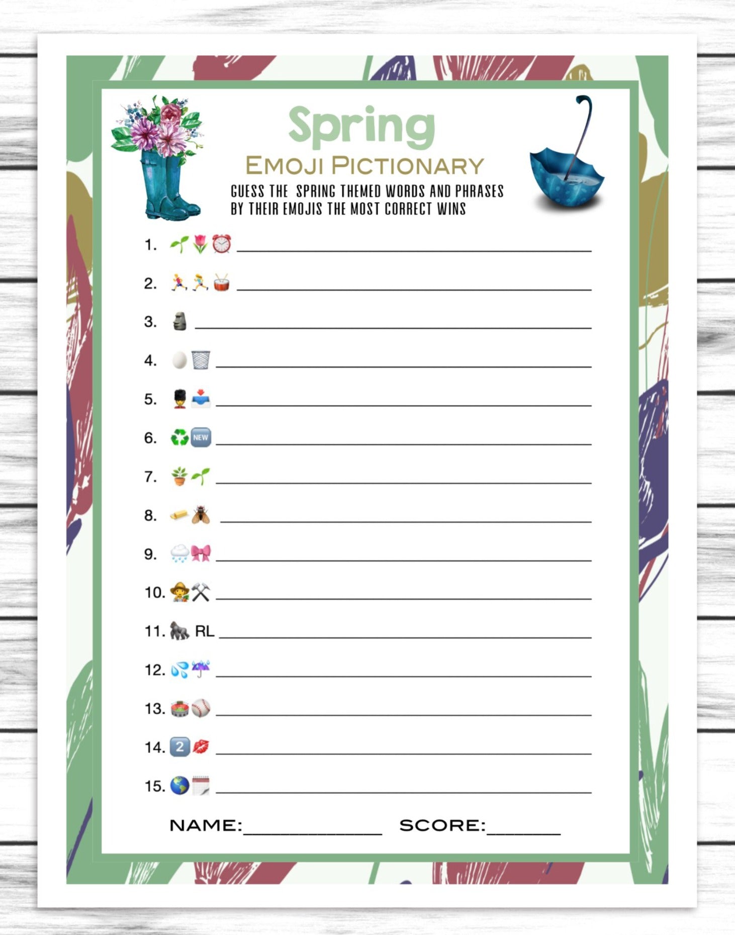 Spring Party Emoji Pictionary, Kids Or Adults Spring Printable Or Virtual Fun Game