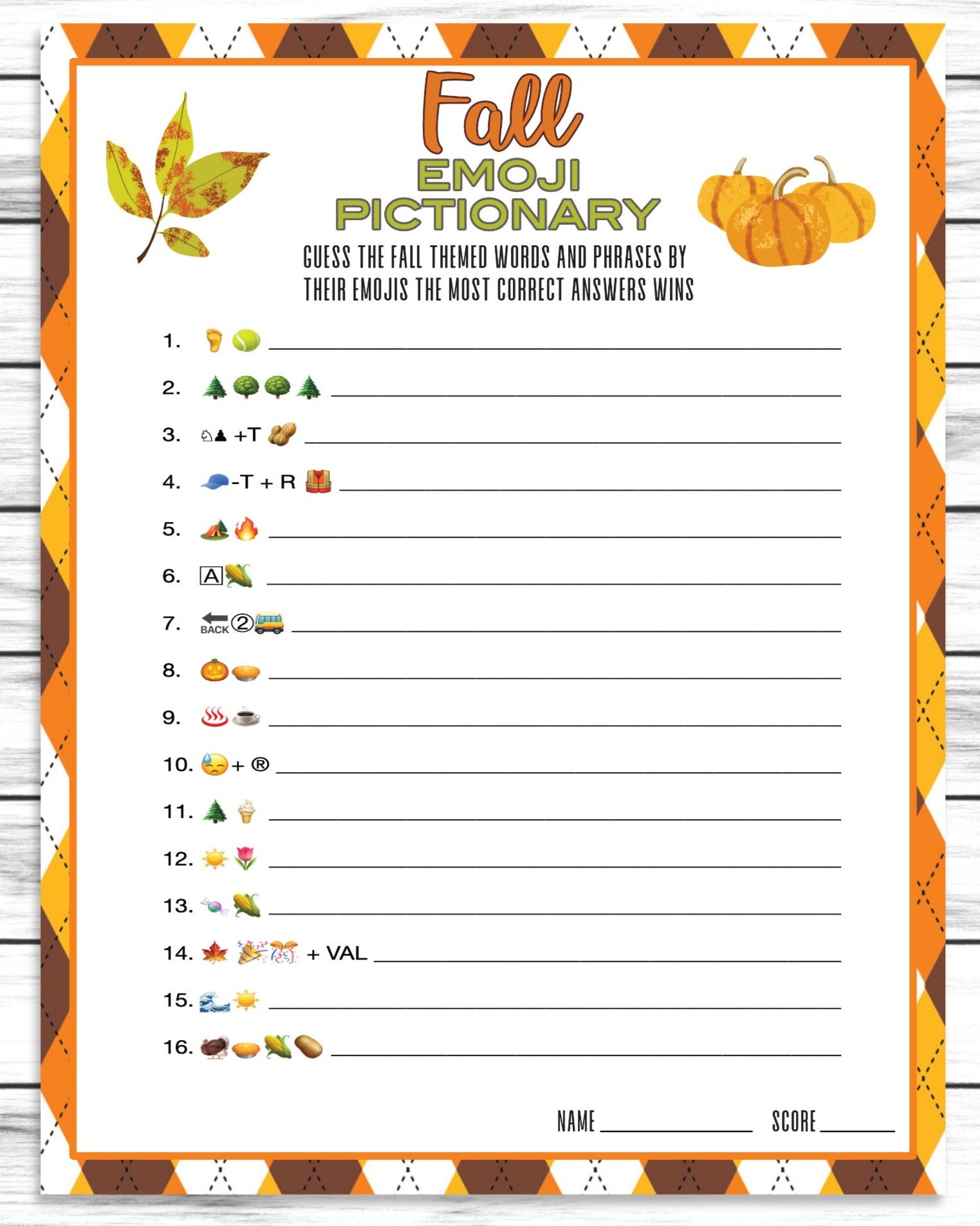 Fall Autumn Emoji Game, Printable Or Virtual Classroom Activity Sheet, Instant Download, Church Or Office Party Quiz For Kids & Adults