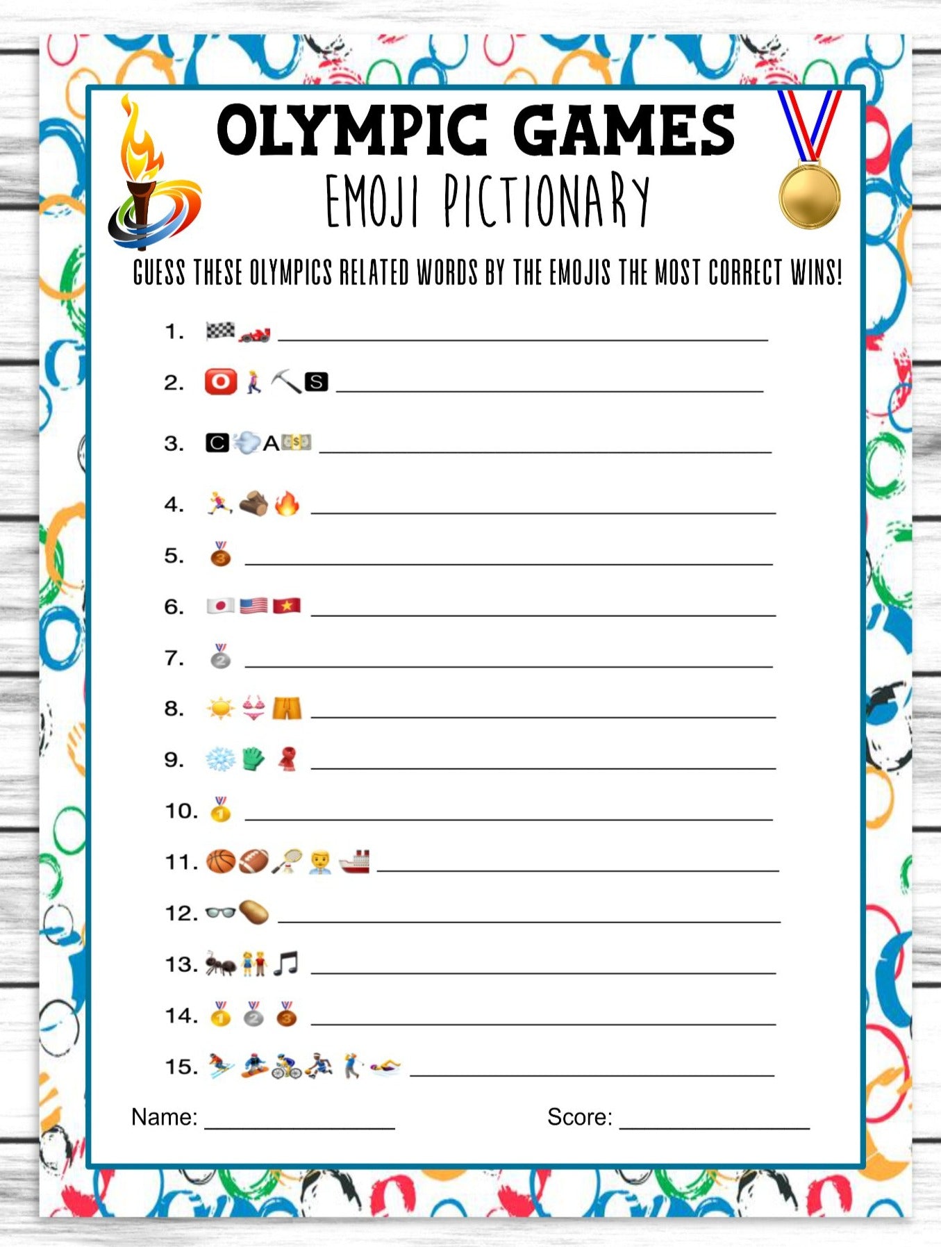 Summer Olympics Emoji Pictionary Game | Printable Sports Activity Sheet | Athletic Instant Download