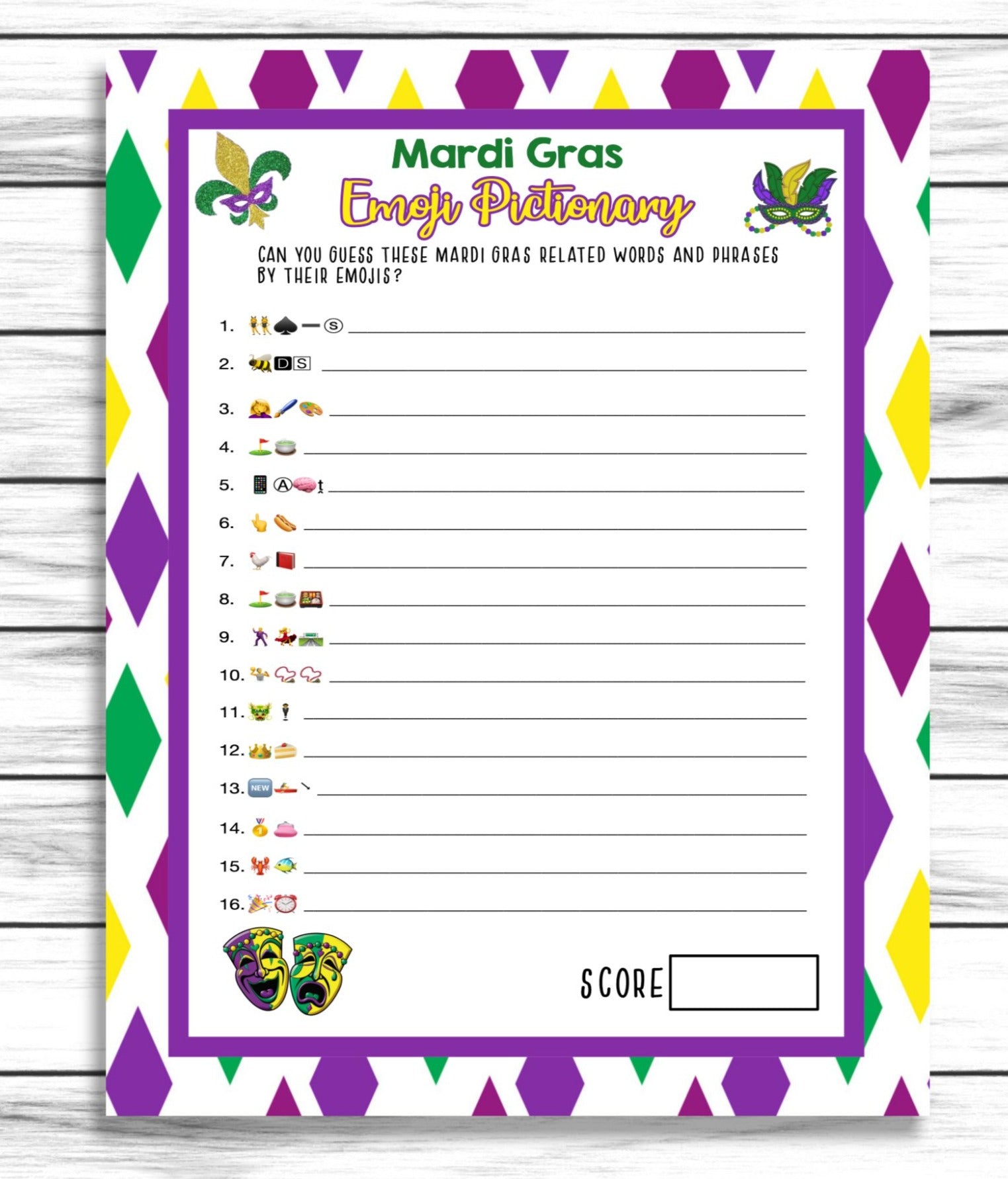 Mardi Gras Emoji Pictionary Game, Party Game, Emoji Game, Instant Download, Printable or Virtual