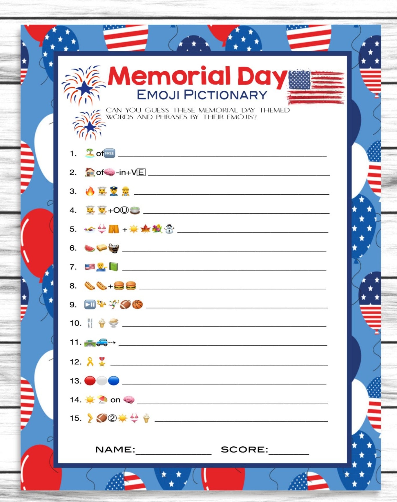 Memorial Day Emoji Pictionary Game, Printable Kids Activity Sheet, Instant Download