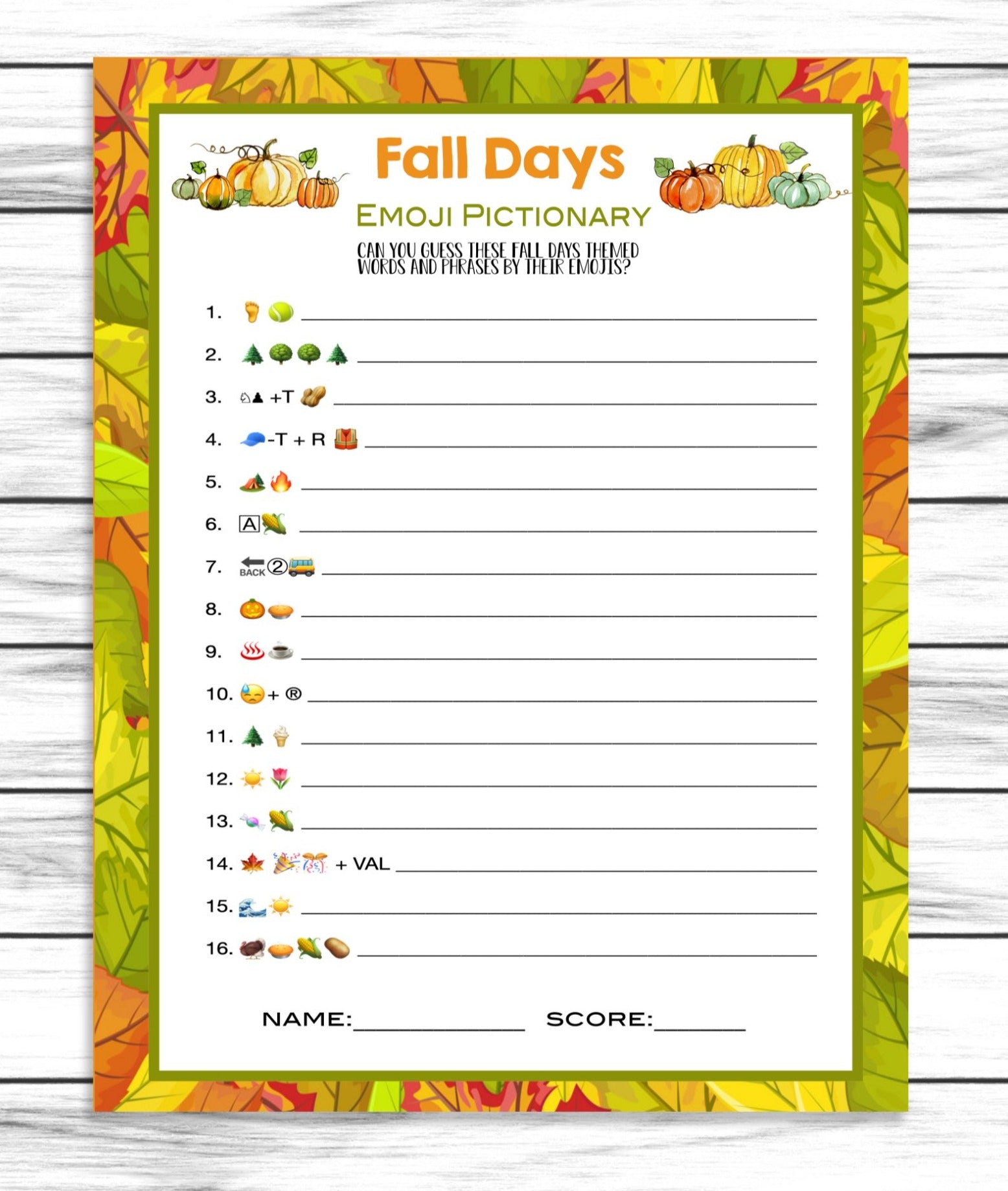 Fall Autumn Party Family Reunion Emoji Pictionary Game, Printable Kids Activity Sheet, Instant Download