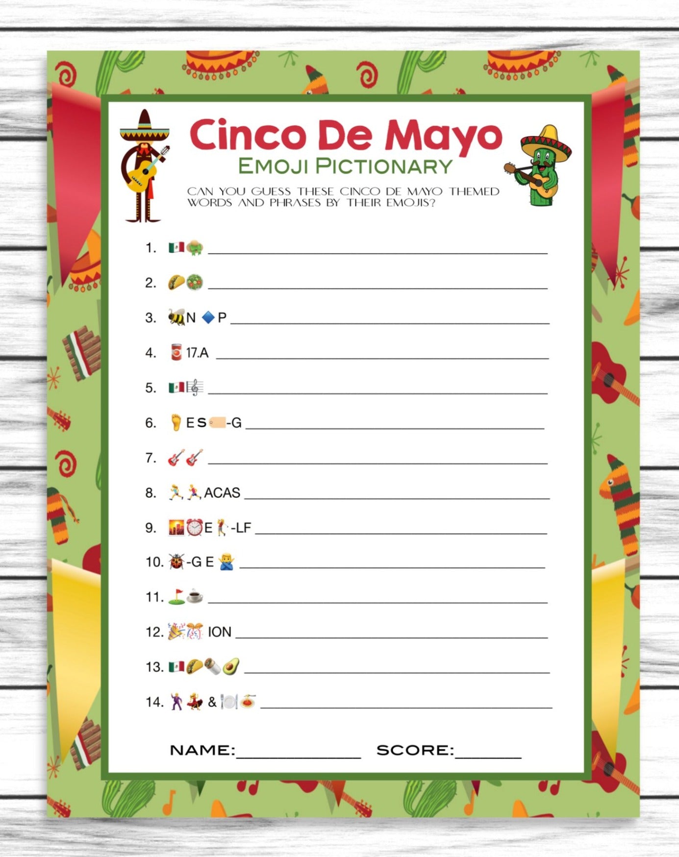 Cinco De Mayo Emoji Pictionary Game, Printable Kids Activity Sheet, Instant Download
