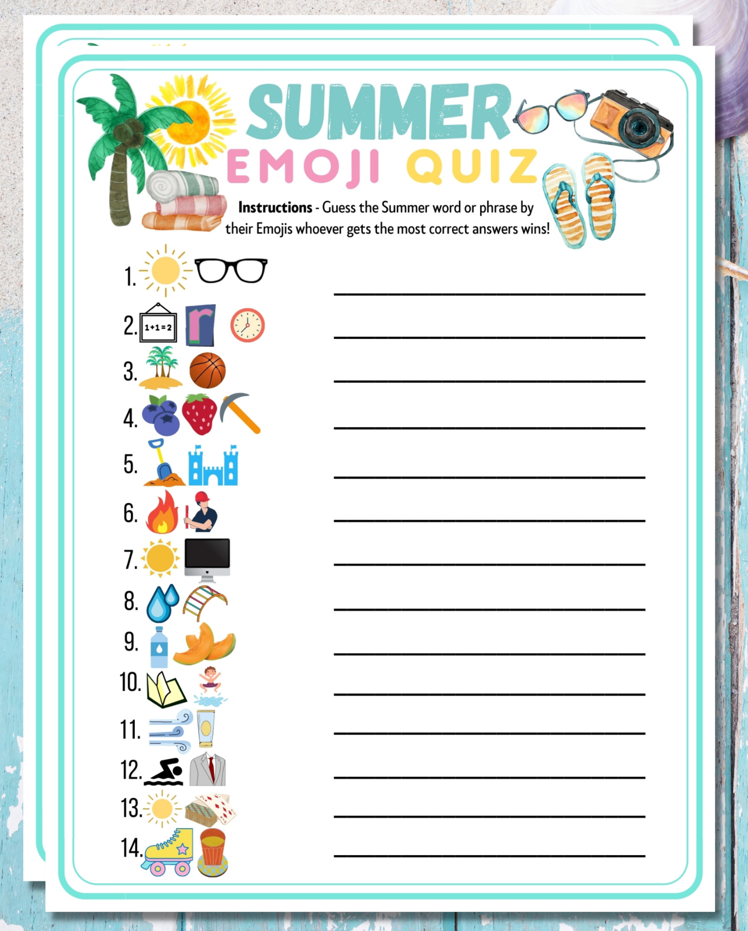 Summer Emoji Game Printable Quiz | Kids Adults Fun Party Idea Activity | Seniors, Classroom, Office, Church Event Quiz | Vacation Pictionary