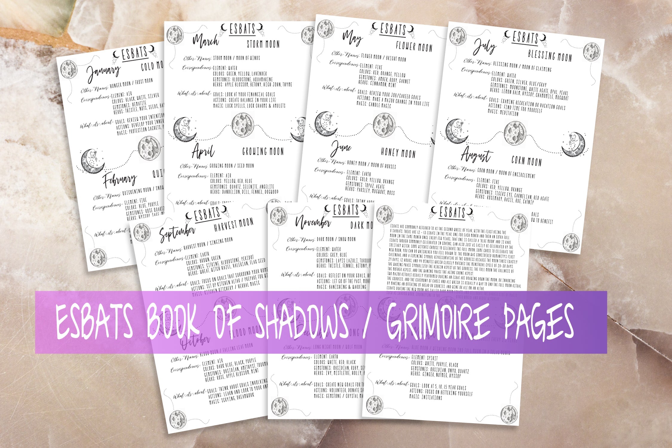 Esbats  Book Of Shadows Witchcraft Beginners Grimoire Basic Printable Set