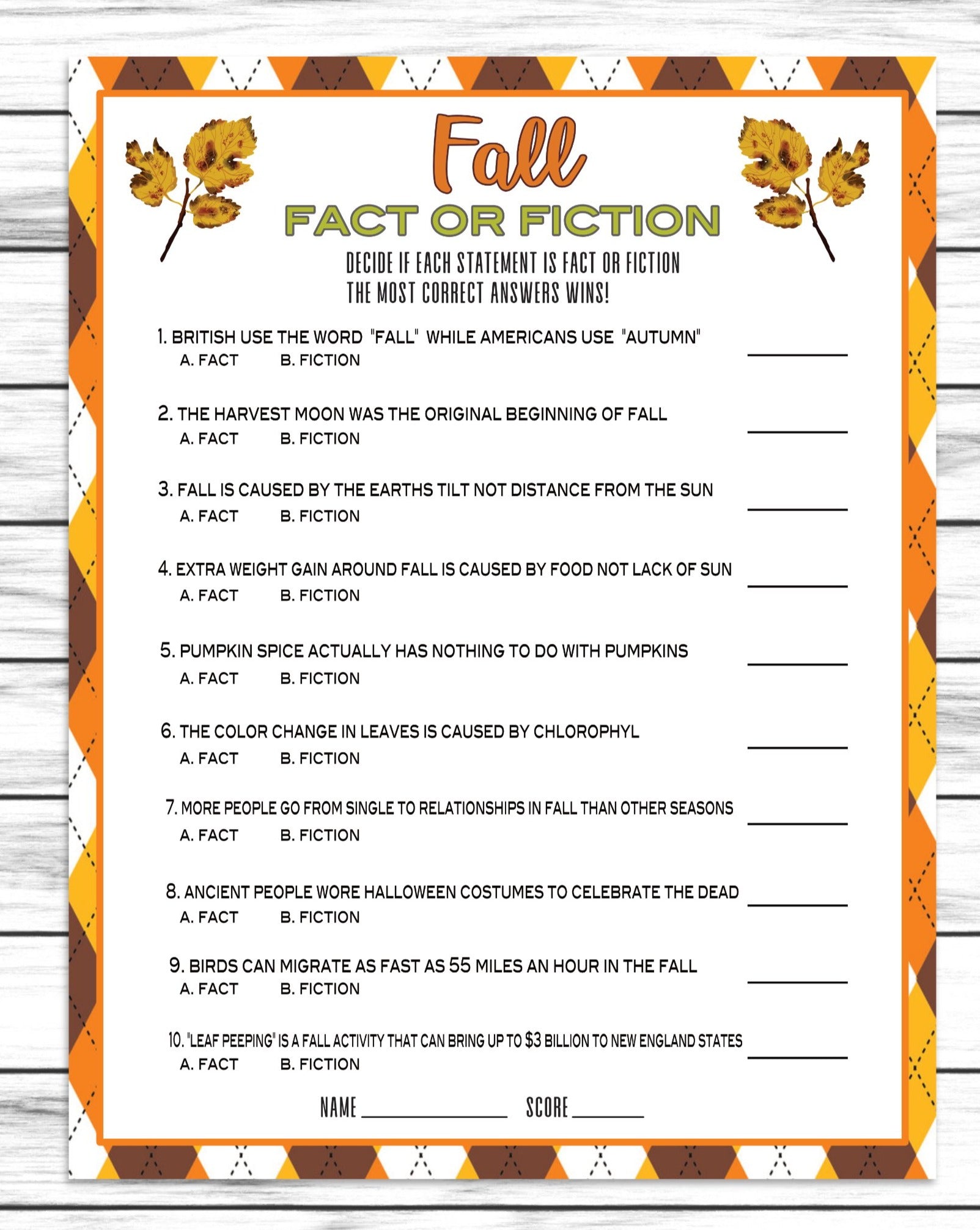 Fall Autumn Fact or Fiction Trivia Game, Printable Classroom Activity Sheet, Instant Download, Church Work Party Quiz Idea