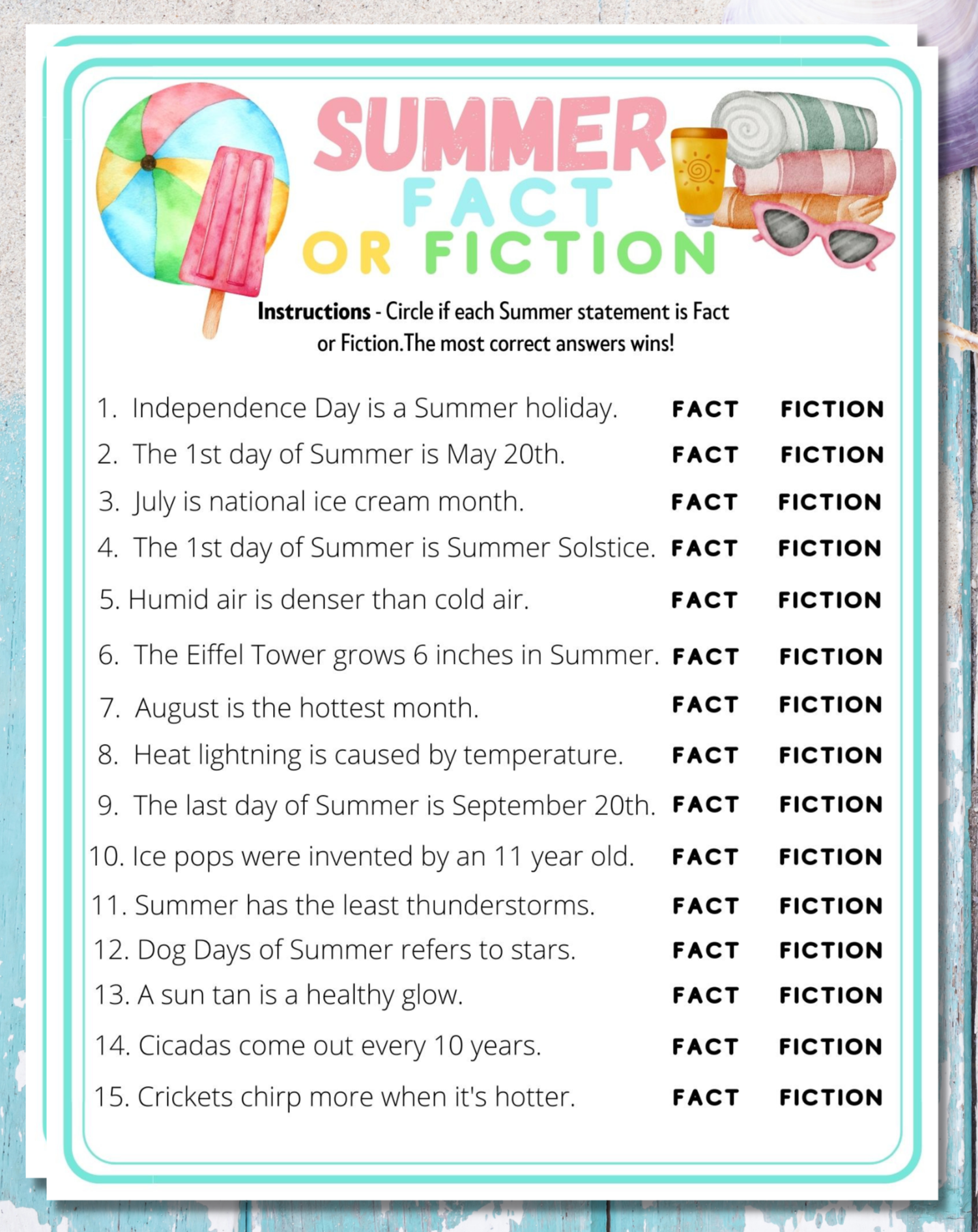 Summer Fact Or Fiction Printable Game Kids Adults Fun Trivia Activity Church, Office, Classroom, Office, Seniors Event Idea