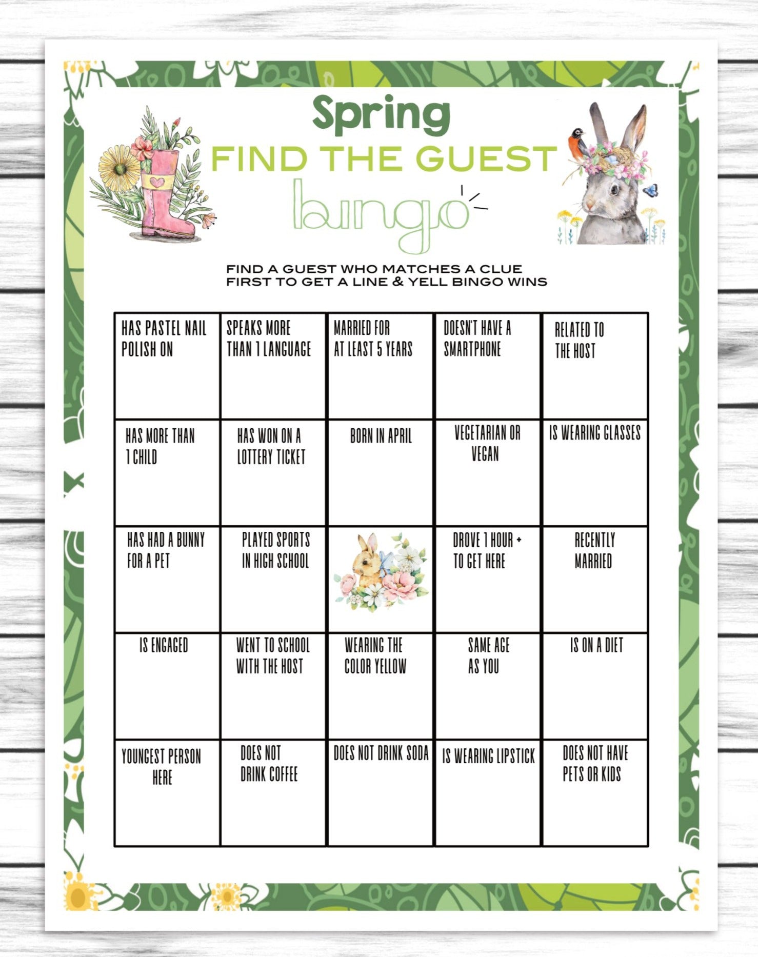 Spring Party Find The Guest Bingo Game, Kids Or Adults Spring Icebreaker Printable Or Virtual Word Game