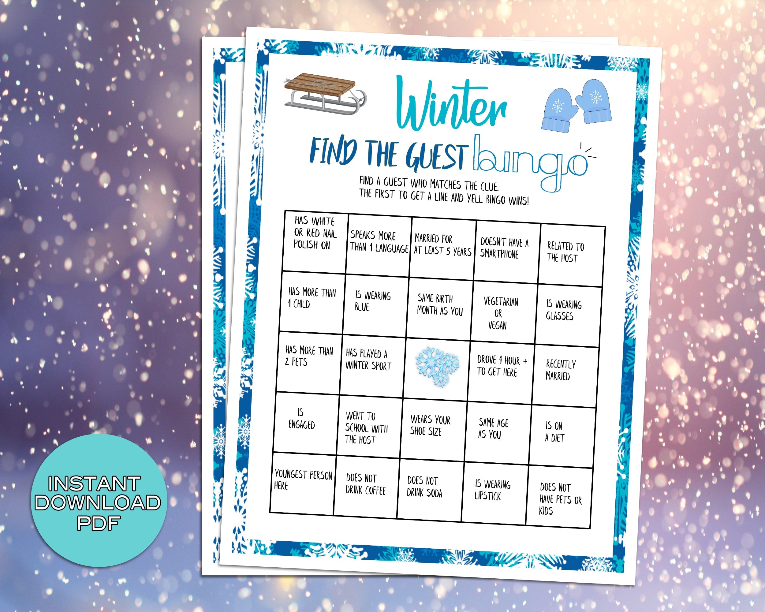 Winter Find The Guest Bingo Party Game, For Adults Kids, Classroom, Office, Winter Party Printable Virtual Game, Family Reunion, Instant