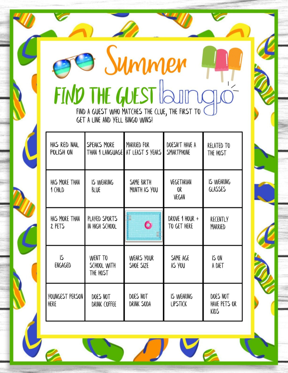 Summer Party Family Reunion Find The Guest Bingo Game, Printable Party Ice breaker Favor, Instant Download