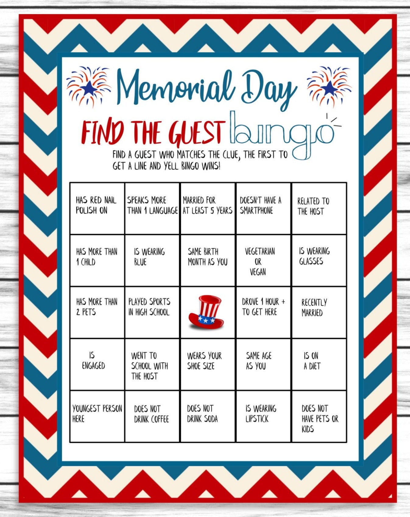 Memorial Day Find The Guest Bingo Game, Printable Icebreaker Party Activity, Instant Download Party Idea