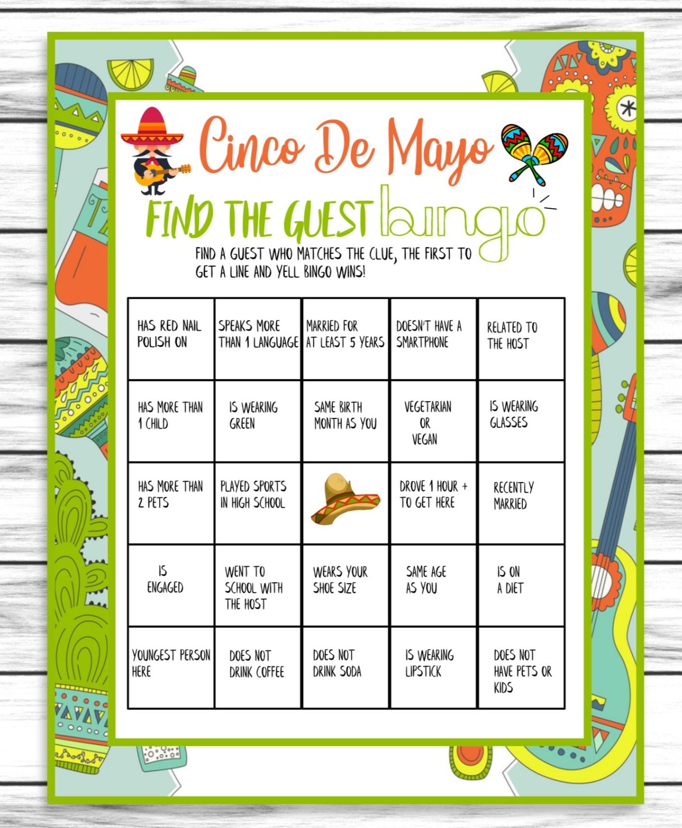 Cinco De Mayo Find The Guest Bingo Game, Printable Icebreaker Party Activity, Instant Download Party Idea