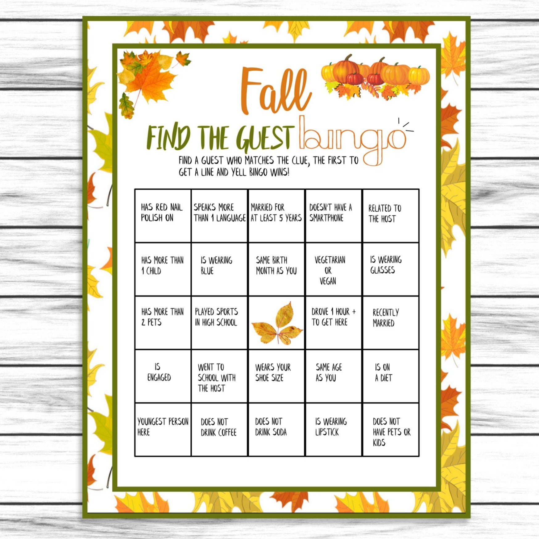 Fall Autumn Party Find The Guest Bingo Game, Printable Party Ice breaker Favor, Instant Download