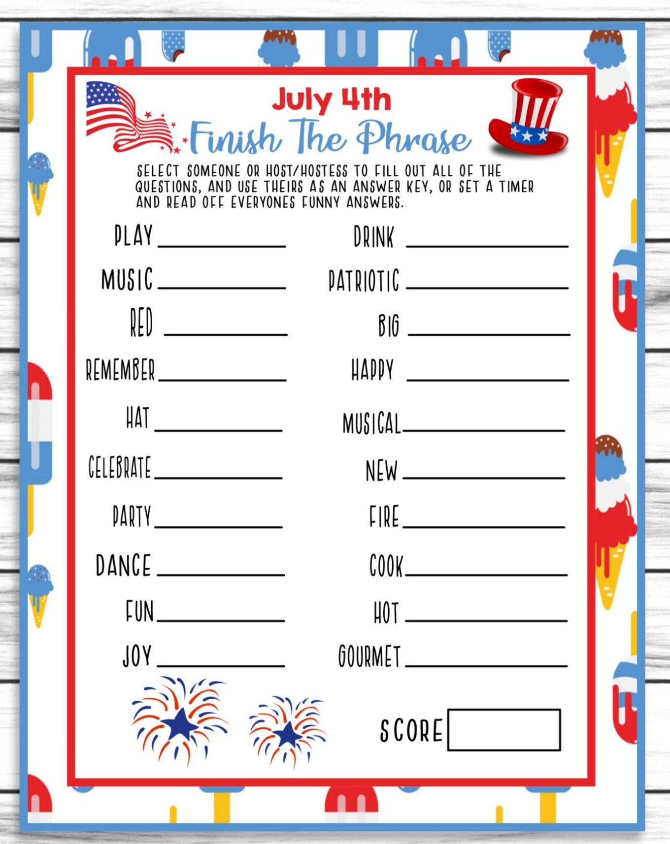July 4th Party Finish The Phrase Game, Printable Kids Activity Sheet, Instant Download