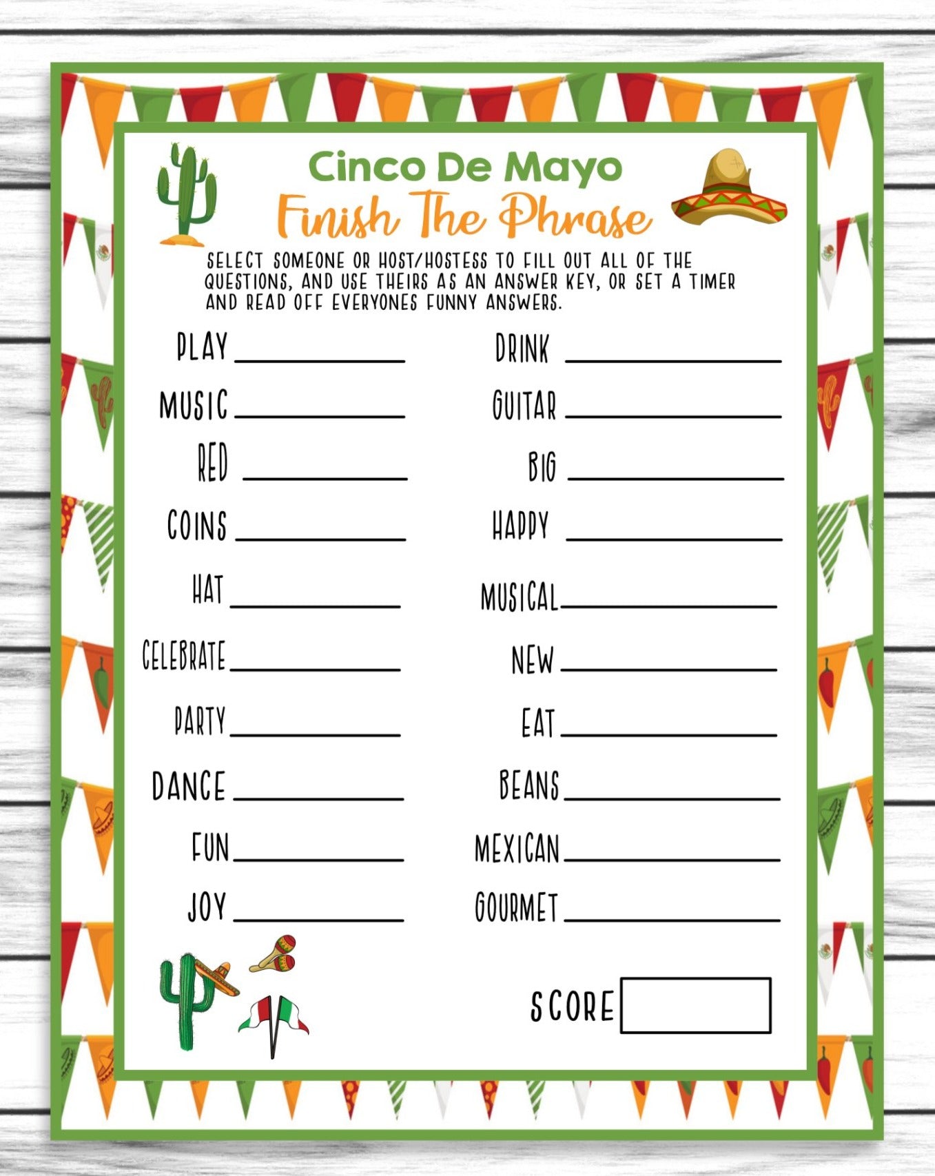 Cinco De Mayo Finish The Phrase Game, Printable Kids Activity Sheet, Instant Download Party Idea