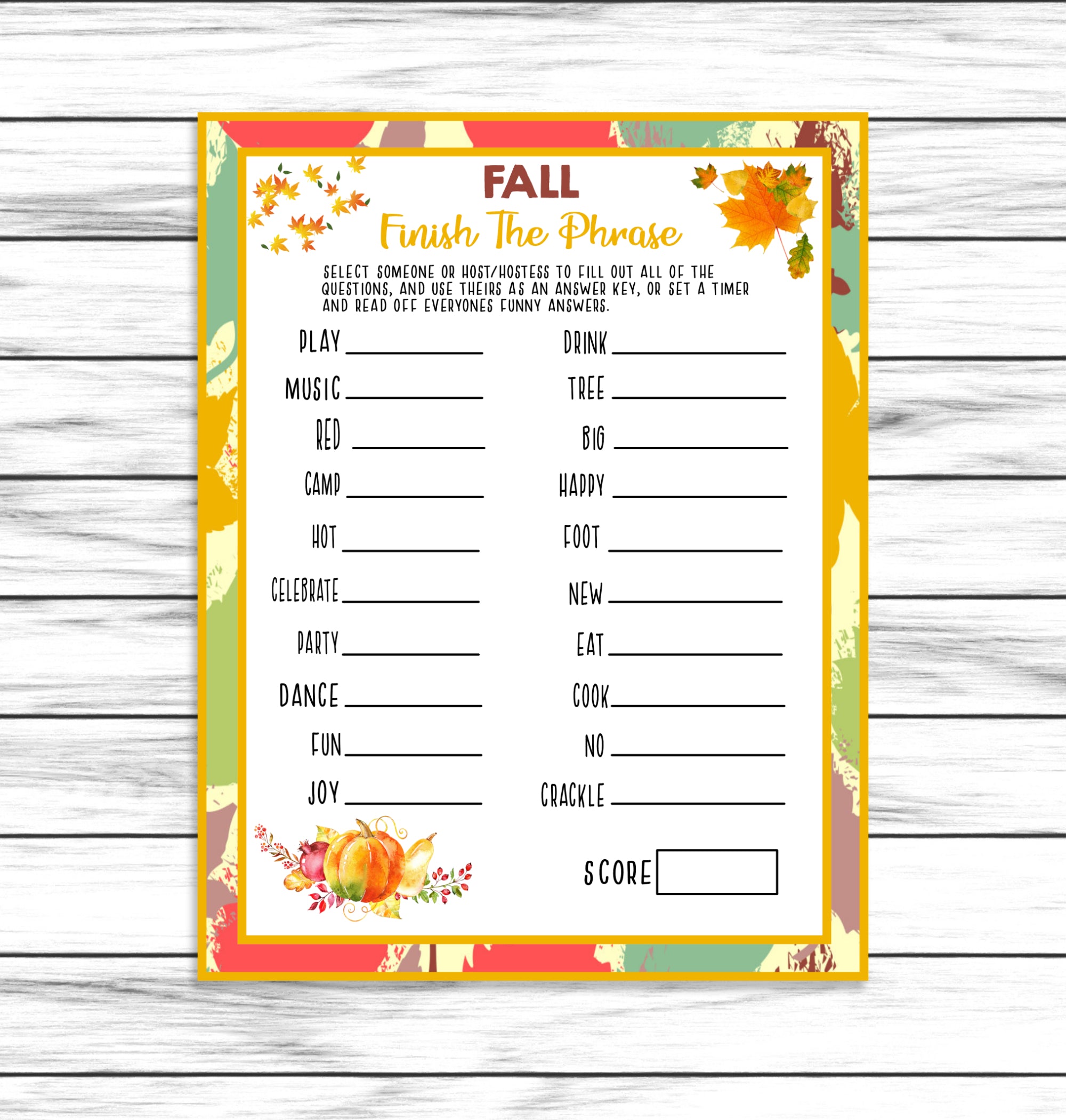 Fall Party Printable or Virtual Instant Download Game, Finish The Phrase Autumn Kids Activity