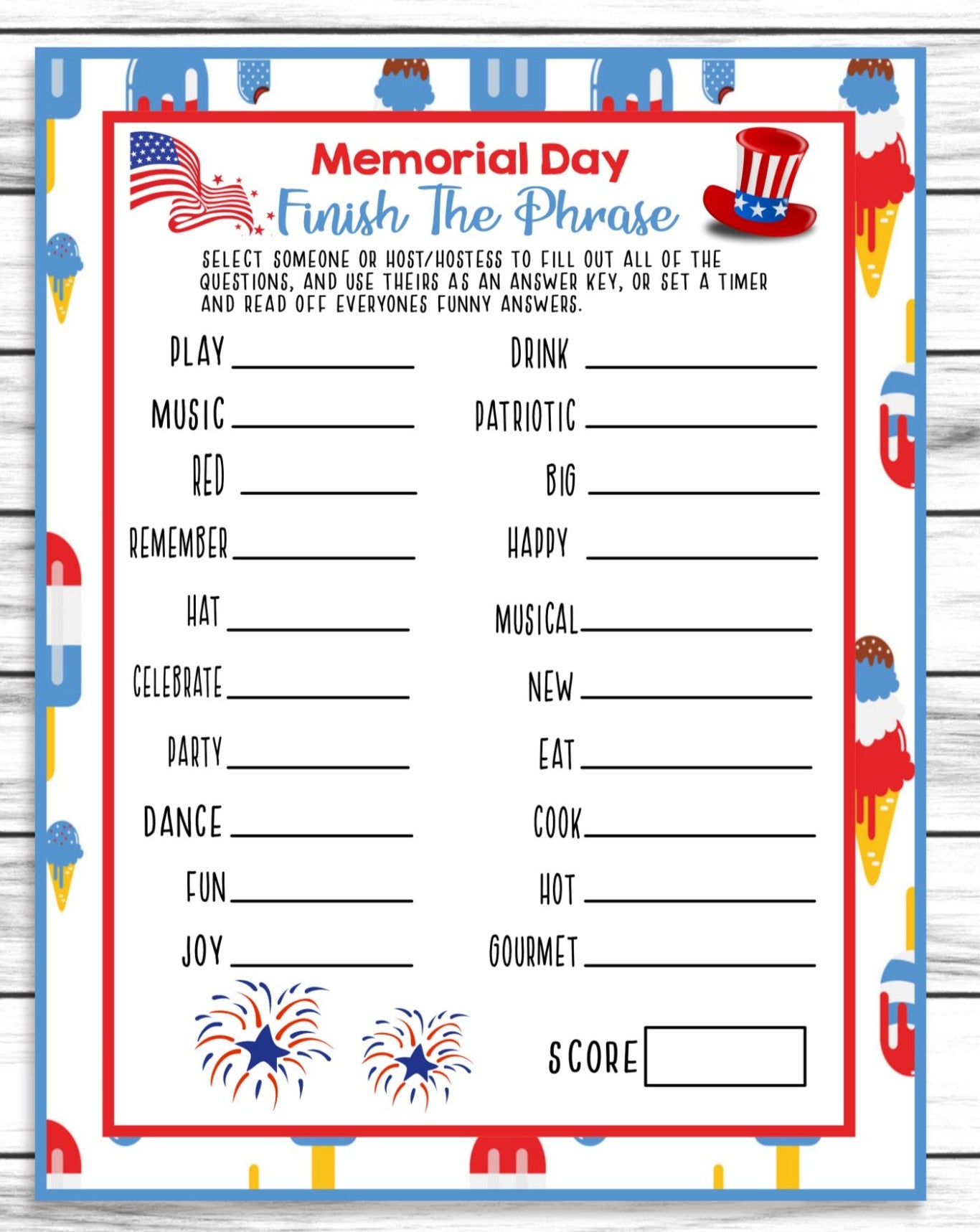 Memorial Day Finish The Phrase Game, Printable Kids Activity Sheet, Instant Download Party Idea