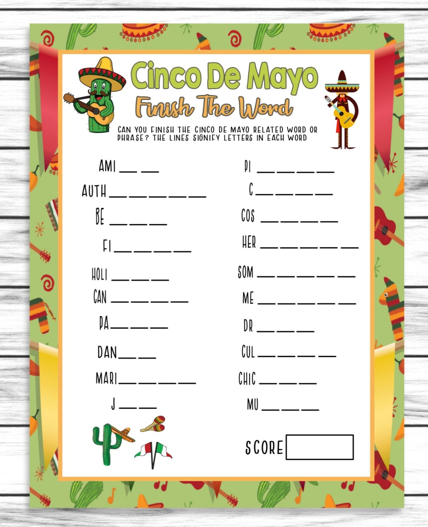 Cinco De Mayo Finish The Word Game, Printable Kids Activity Sheet, Instant Download Party Party Idea