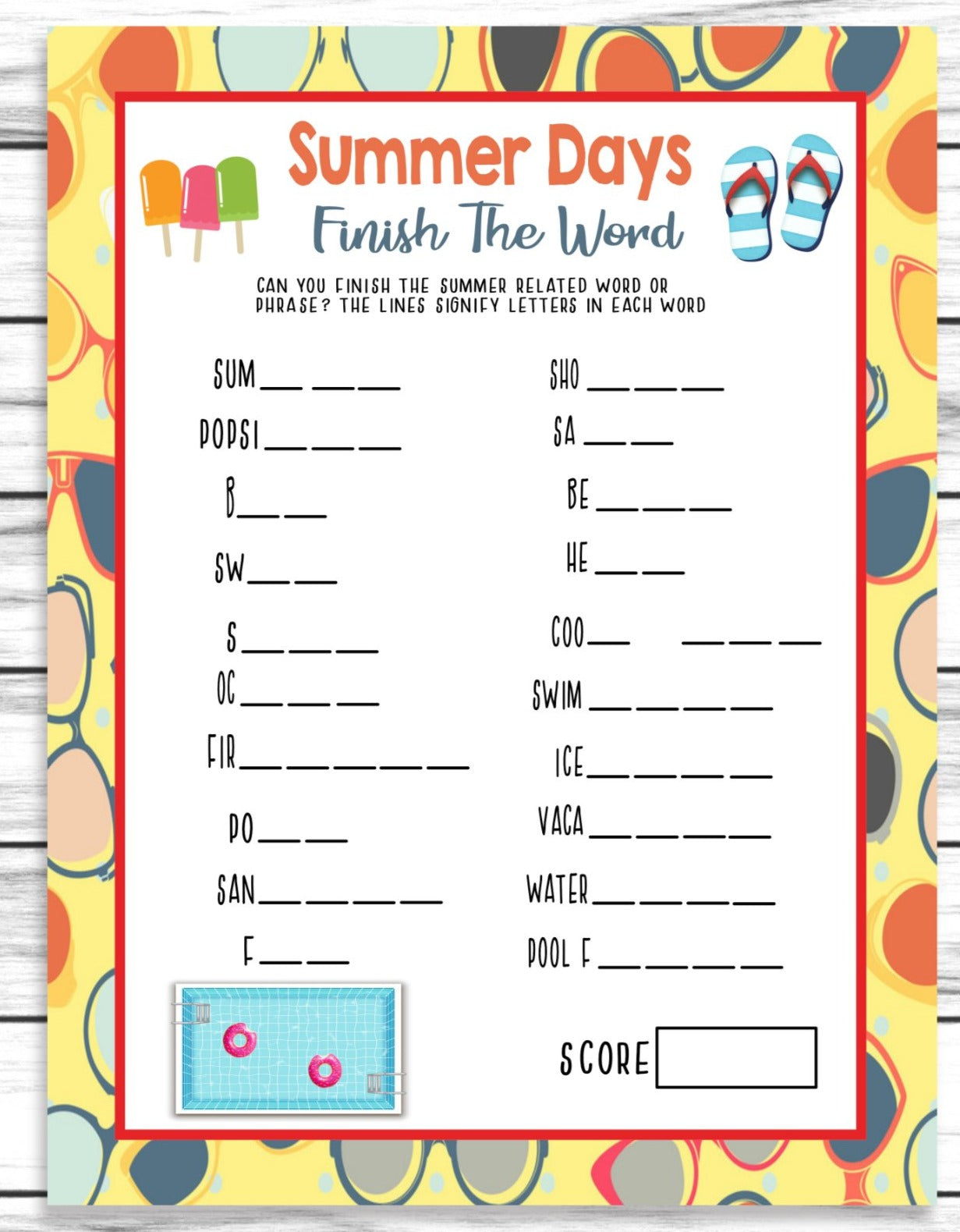Summer Party Family Reunion Finish The Word Game, Printable Kids Activity Sheet, Instant Download
