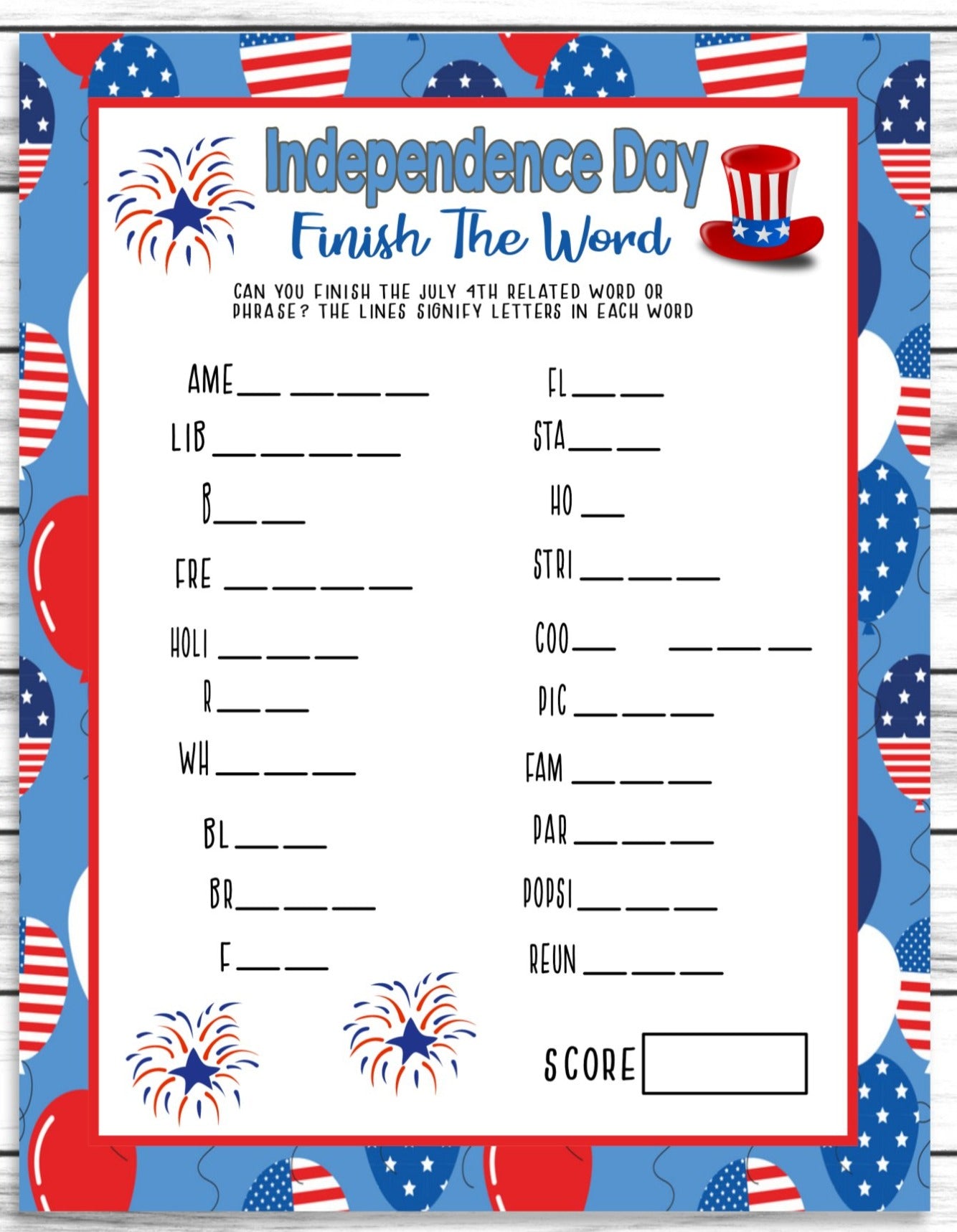 July 4th Party Finish The Word Game, Printable Kids Activity Sheet, Instant Download