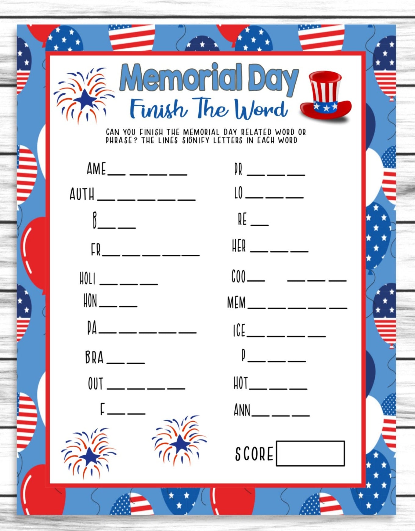 Memorial Day Finish The Word Game, Printable Kids Activity Sheet, Instant Download Party Party Idea