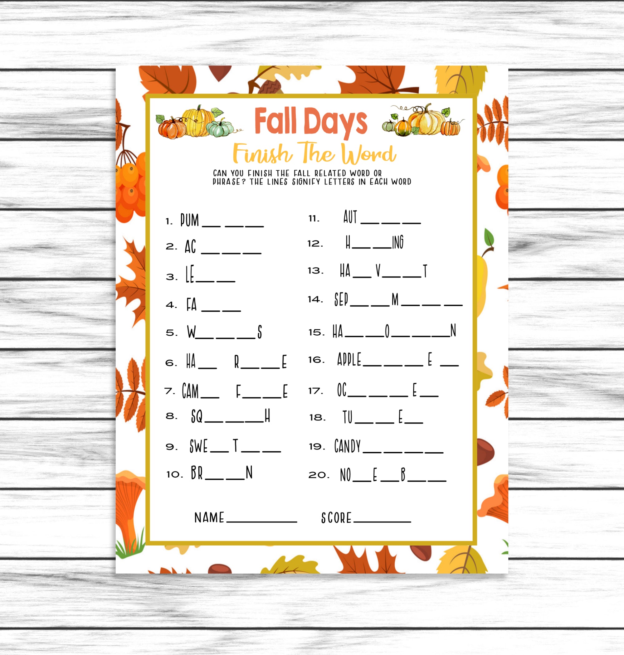 Fall Autumn Party Family Reunion Finish The Word Game, Printable Kids Activity Sheet, Instant Download