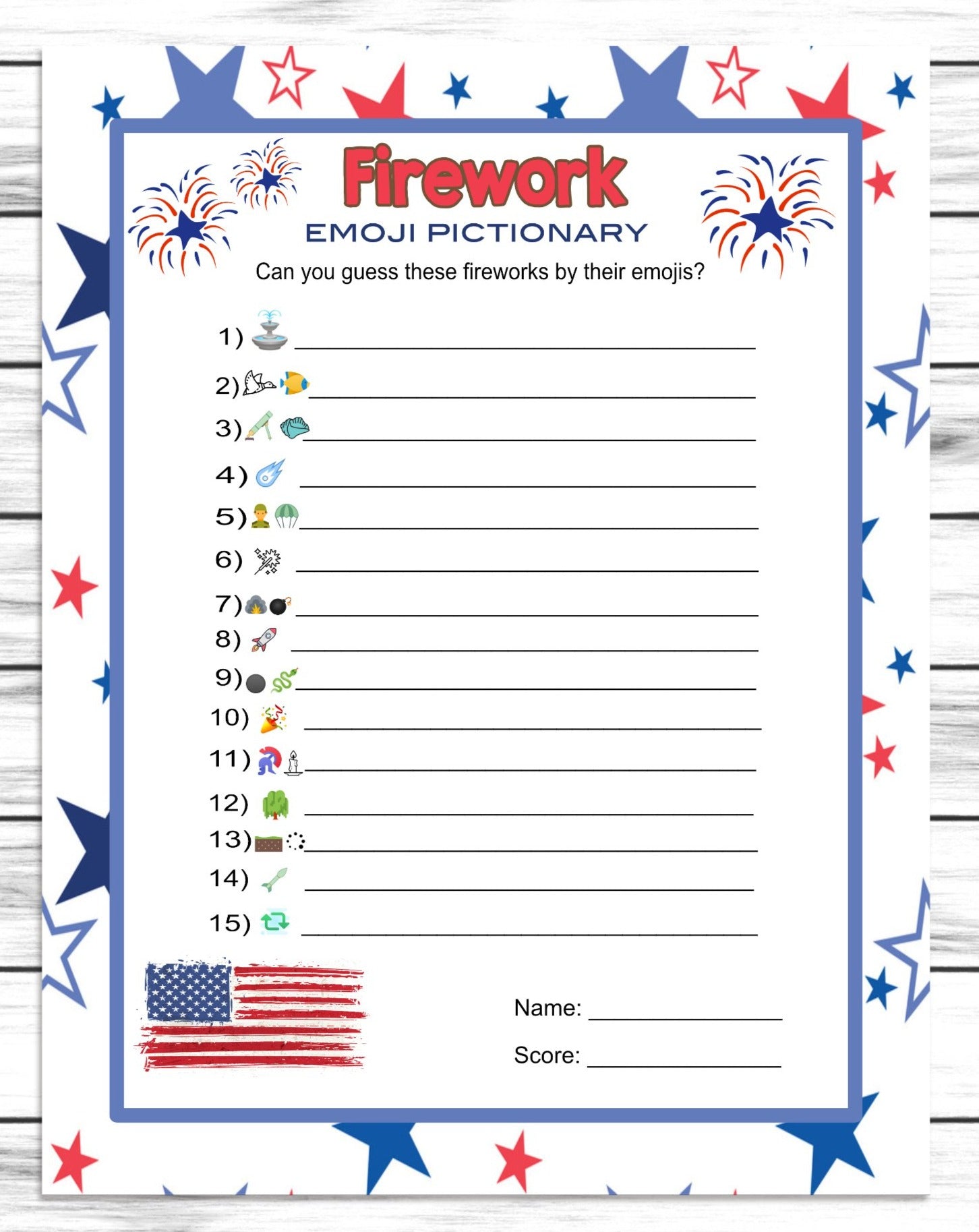 July 4th Independence Day Party Fireworks Emoji Pictionary Game, Printable Kids Activity Sheet, Instant Download