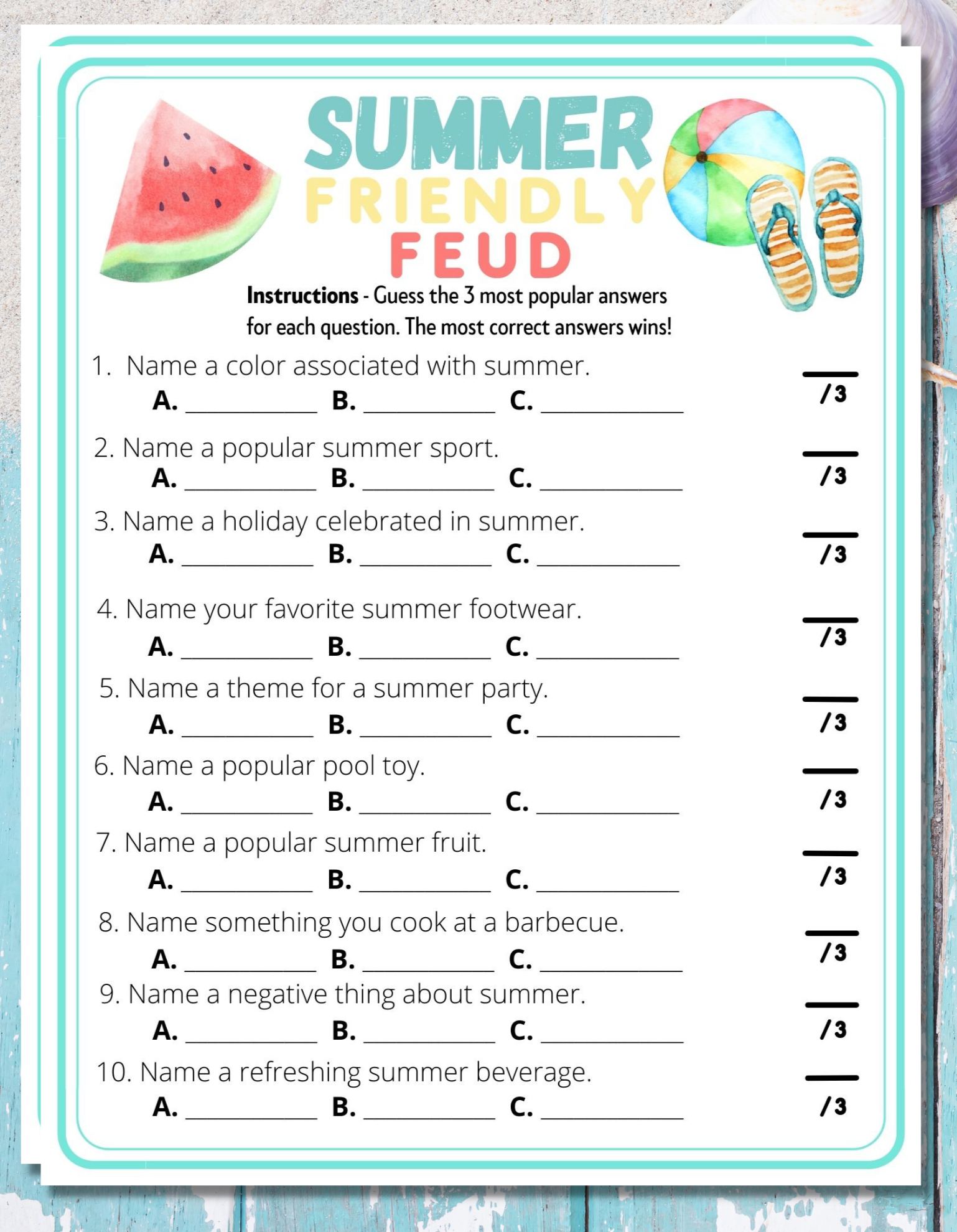 Summer Friendly Feud Trivia Printable Game Adults Kids Fun Party Activity Seniors, Classroom, Office Church Group Reunion Vacation Quiz