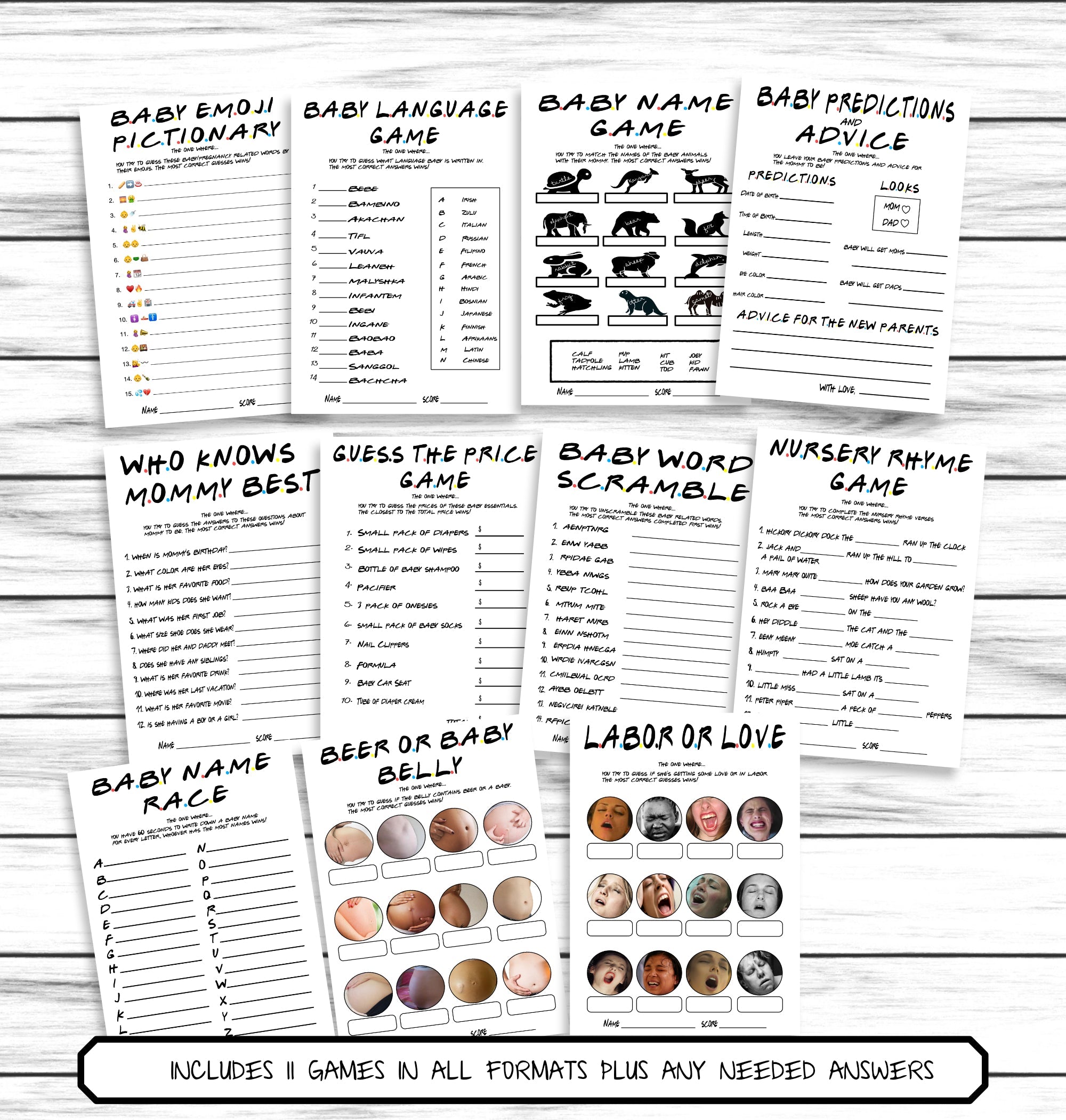 Friends Baby Shower Games Set, Labor or Porn, Beer Belly or Baby Bump, Printable Instant Download Games