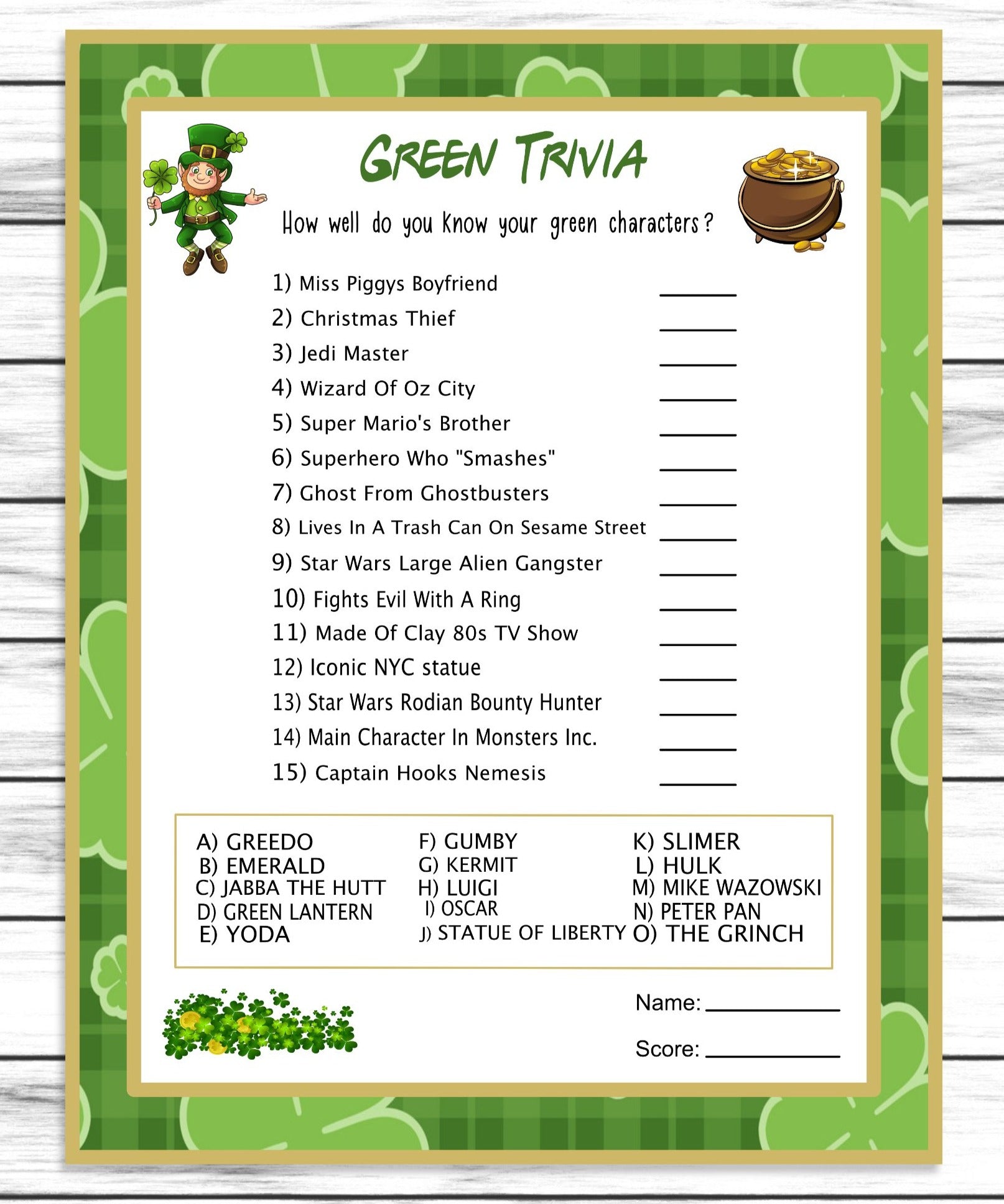 St Patricks Day Green Trivia Printable Or Virtual Party Game Instant Download