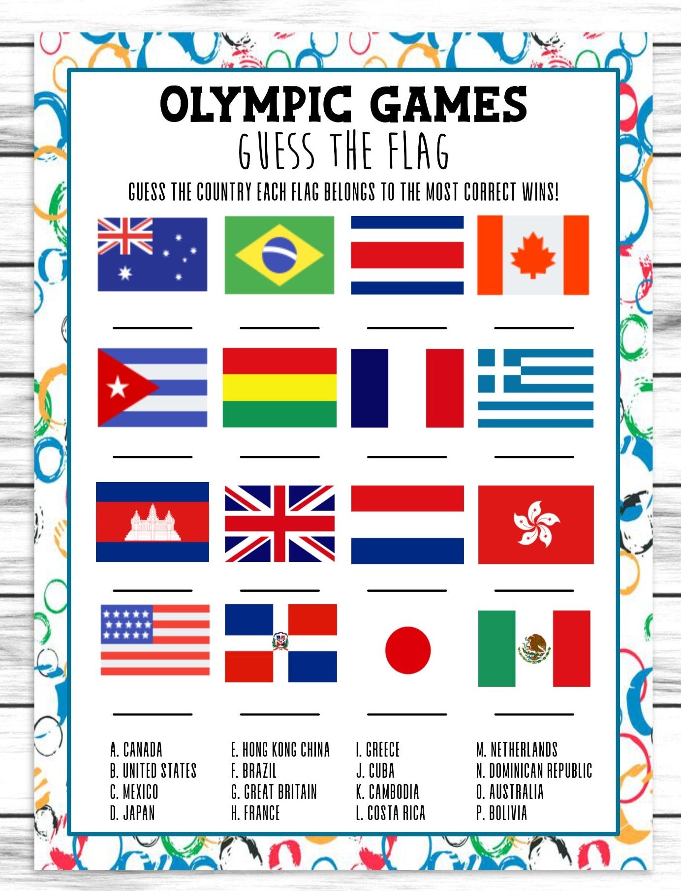 Summer Olympics Country Flag Quiz | Printable Athletic Activity Sheet | Instant Download Sports Activity
