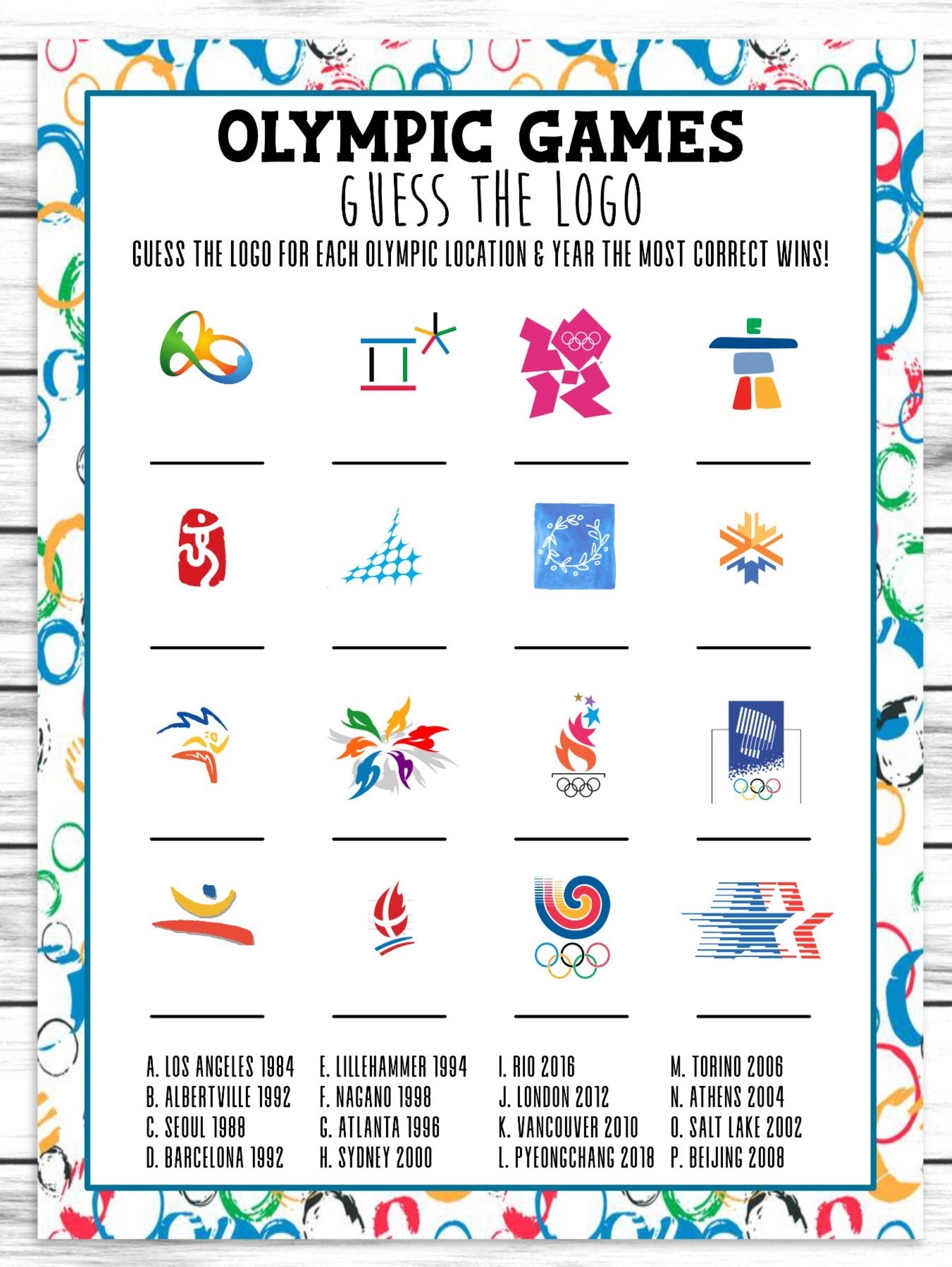 Olympics Logos Quiz Game, Printable or Virtual Olympics Activity Sheet Party Game Instant Download