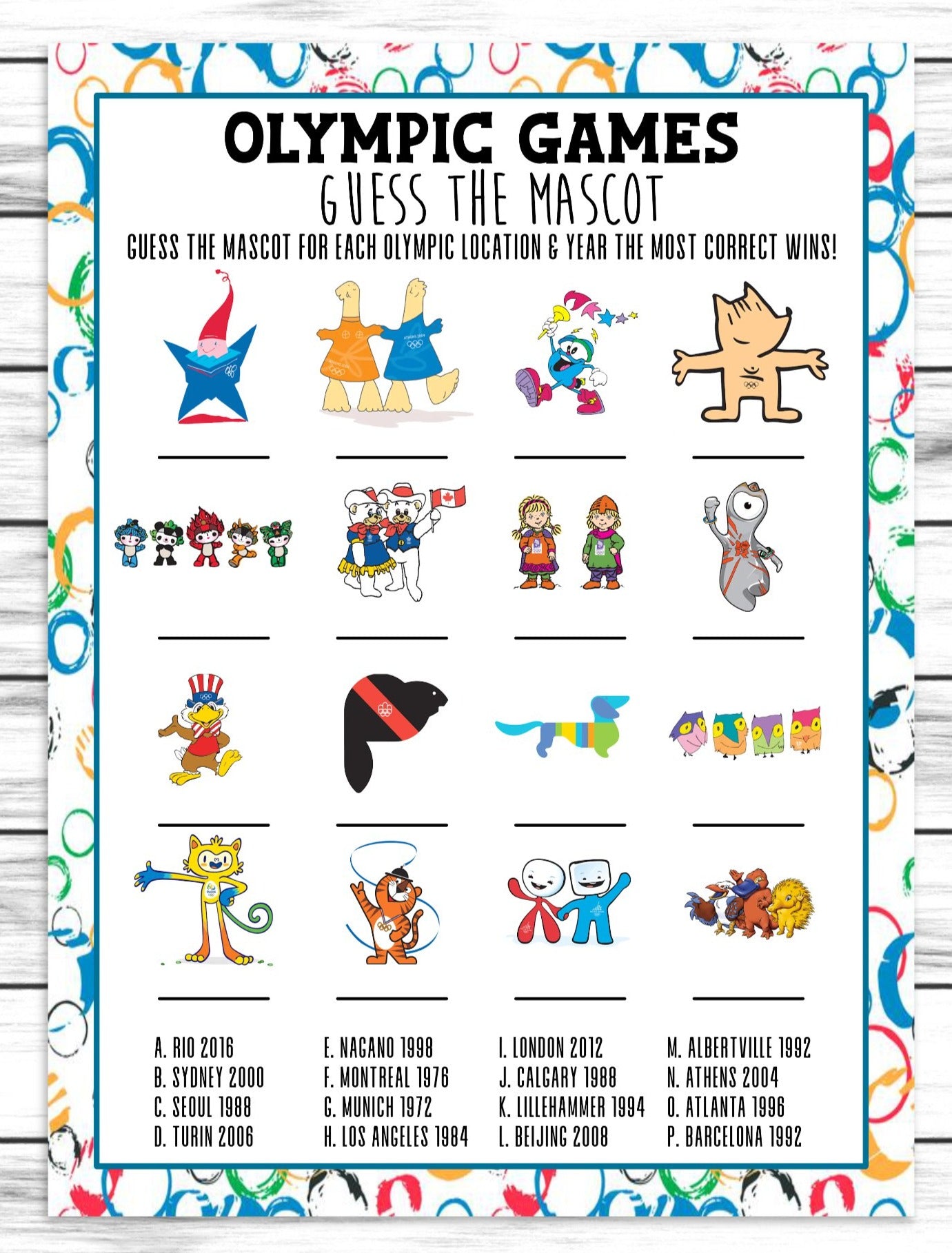 Olympics Country Mascot Quiz Game, Printable or Virtual Olympics Activity Sheet Party Game Instant Download
