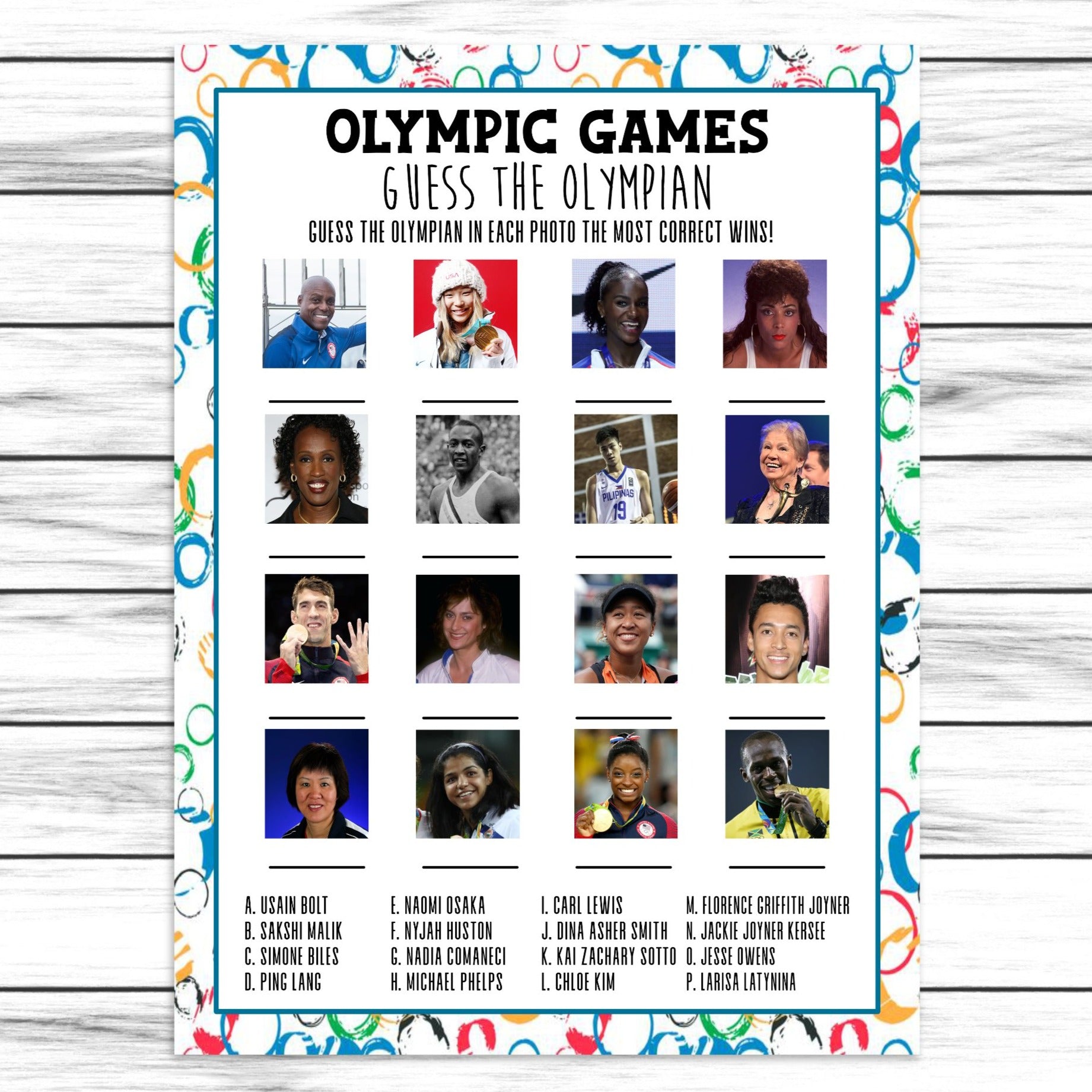 Olympics Athlete Quiz Game, Printable or Virtual Olympics Activity Sheet Party Game Instant Download