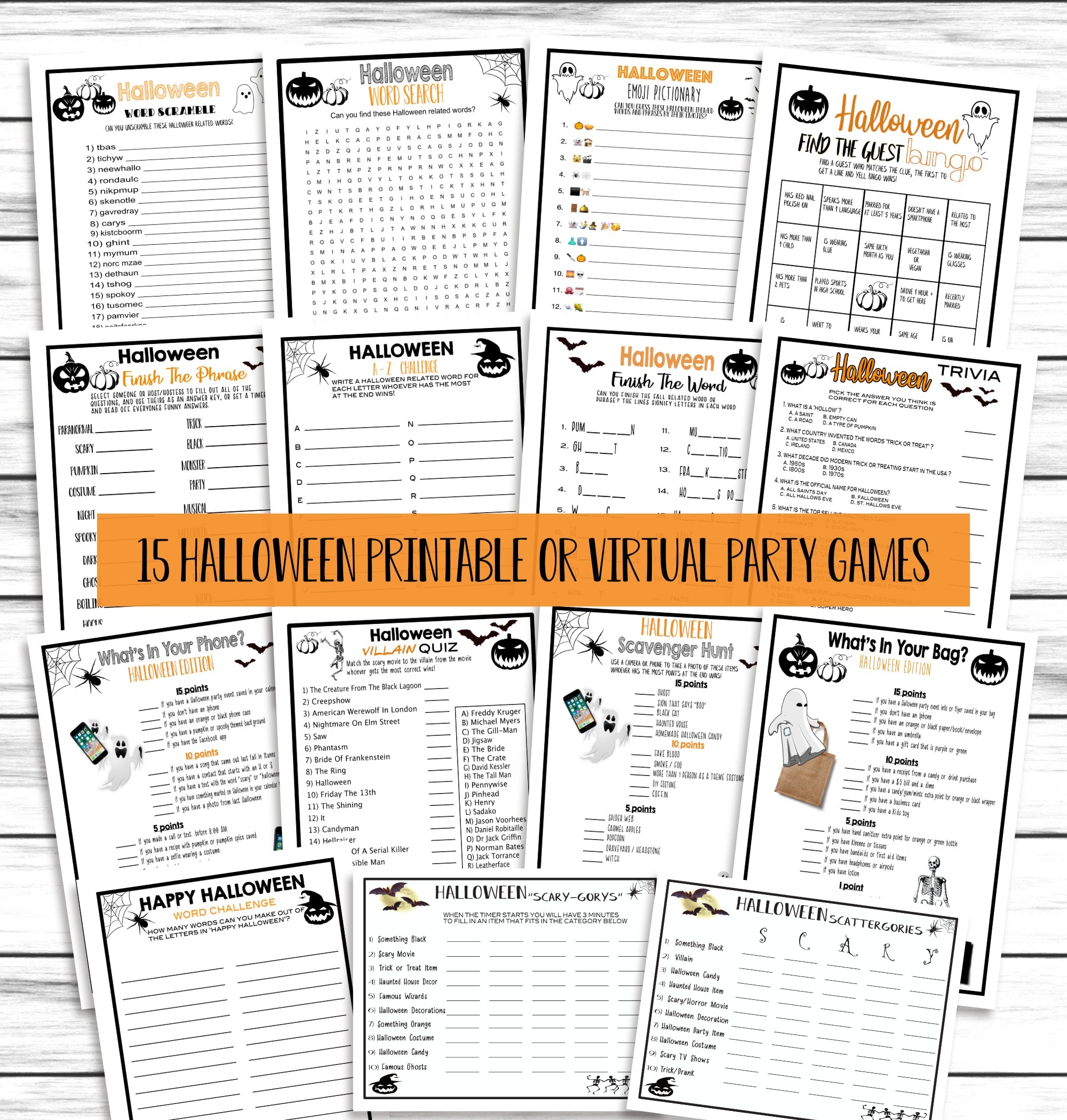 Halloween Party Games Bundle, 15 Halloween Games Set, Trivia , Scattergories, Word Search,Printable or Virtual Games Pack, Instant Download