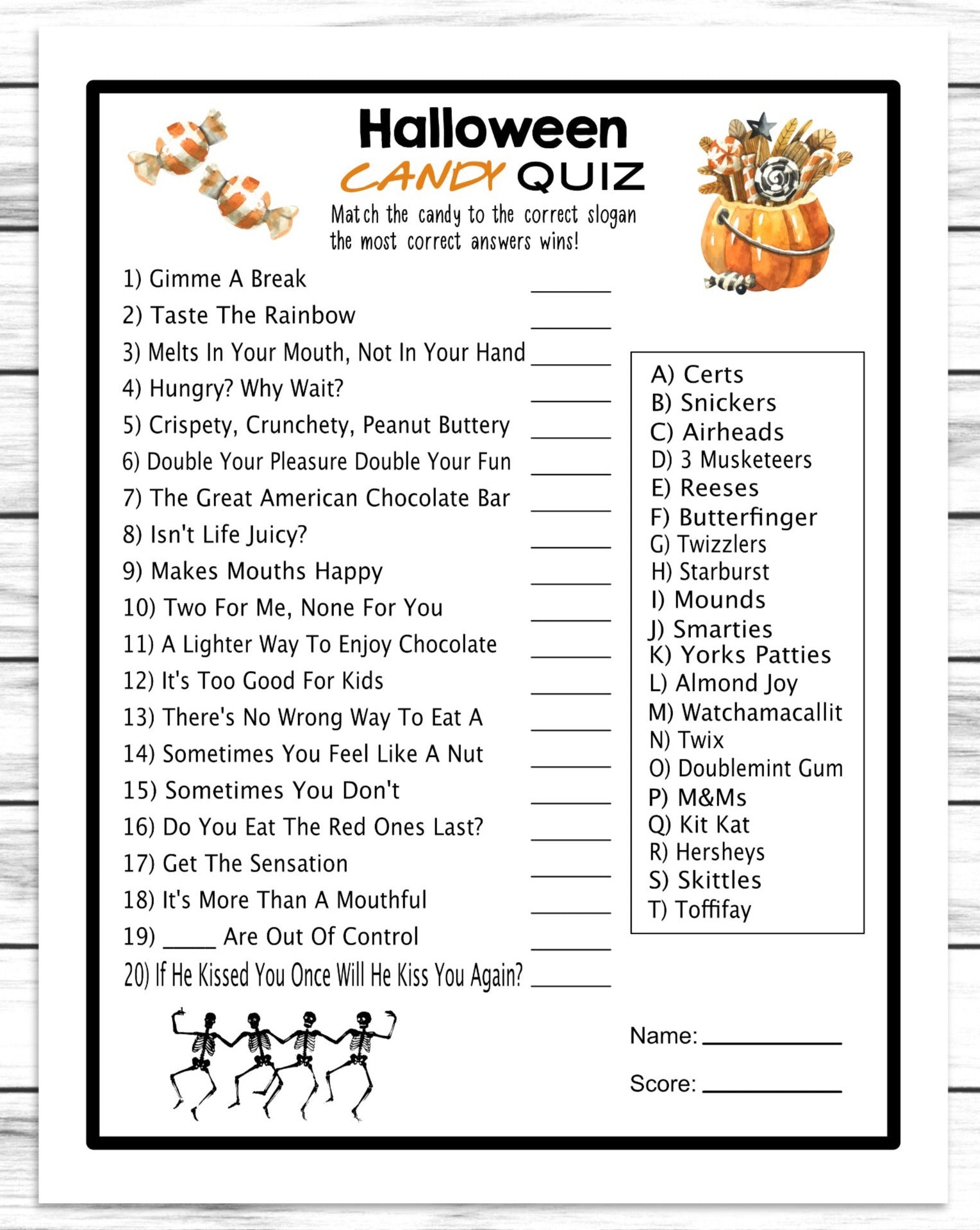 Halloween Candy Quiz Costume Party Match Game, Printable Or Virtual Kids Classroom or Adults Office Activity, Instant Download