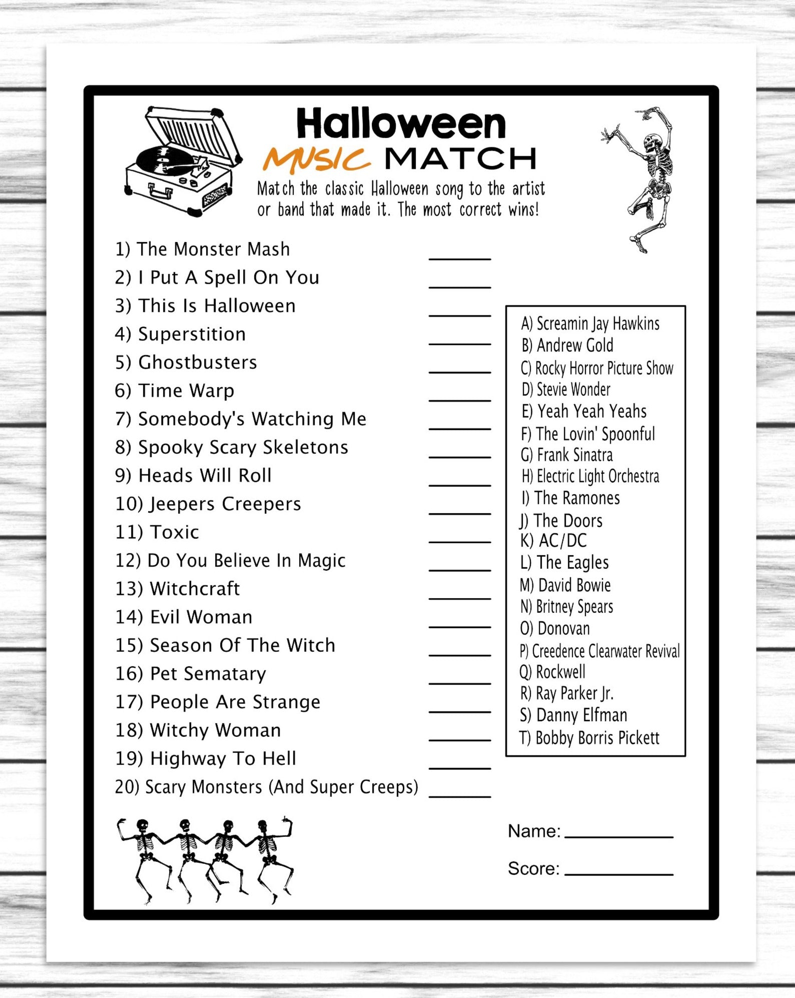 Halloween Music Quiz Costume Party Match Game, Printable Or Virtual Kids Classroom or Adults Office Activity, Instant Download