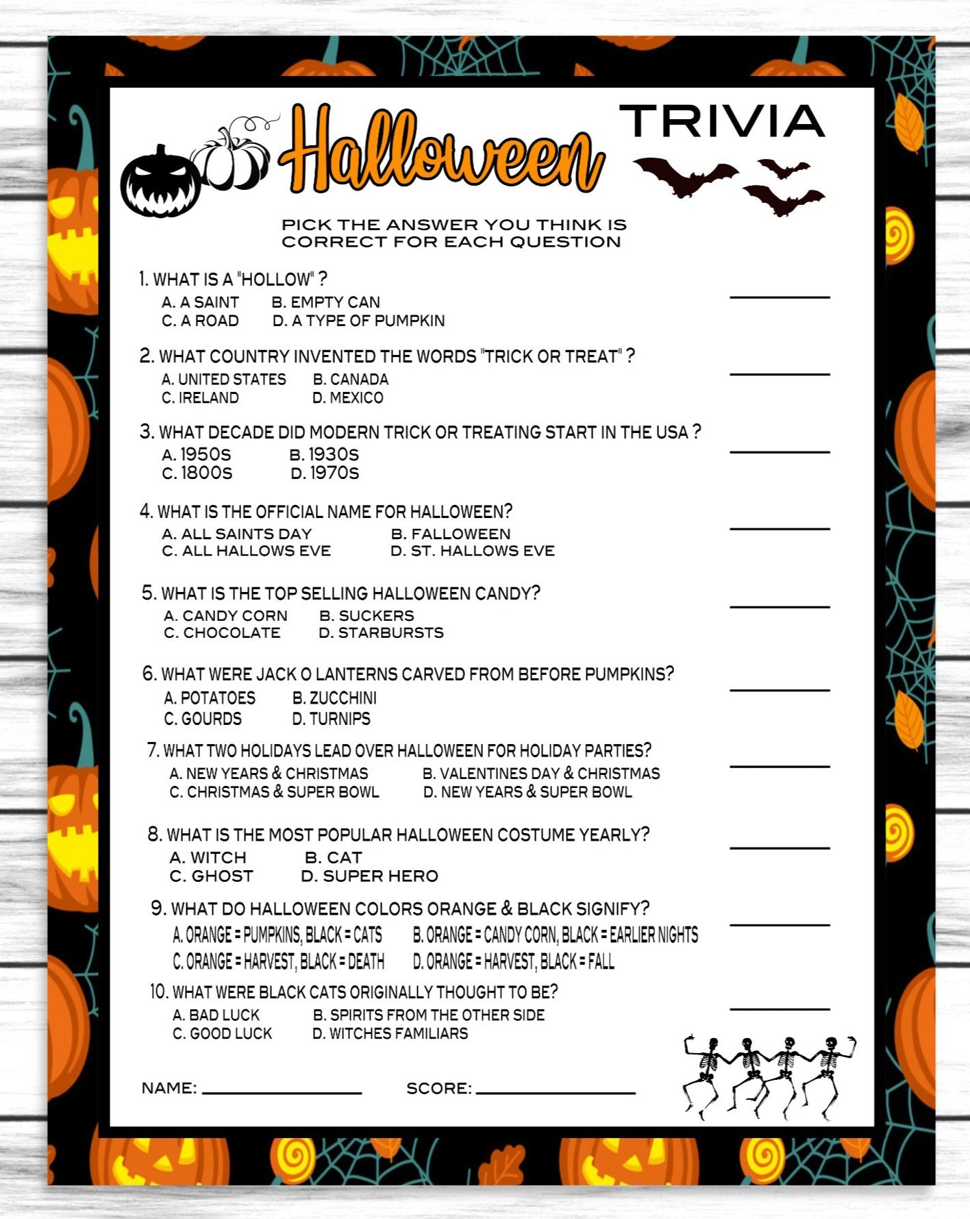 Halloween Trivia Quiz Costume Party Game, Printable Or Virtual Kids Classroom or Adults Office Activity, Instant Download