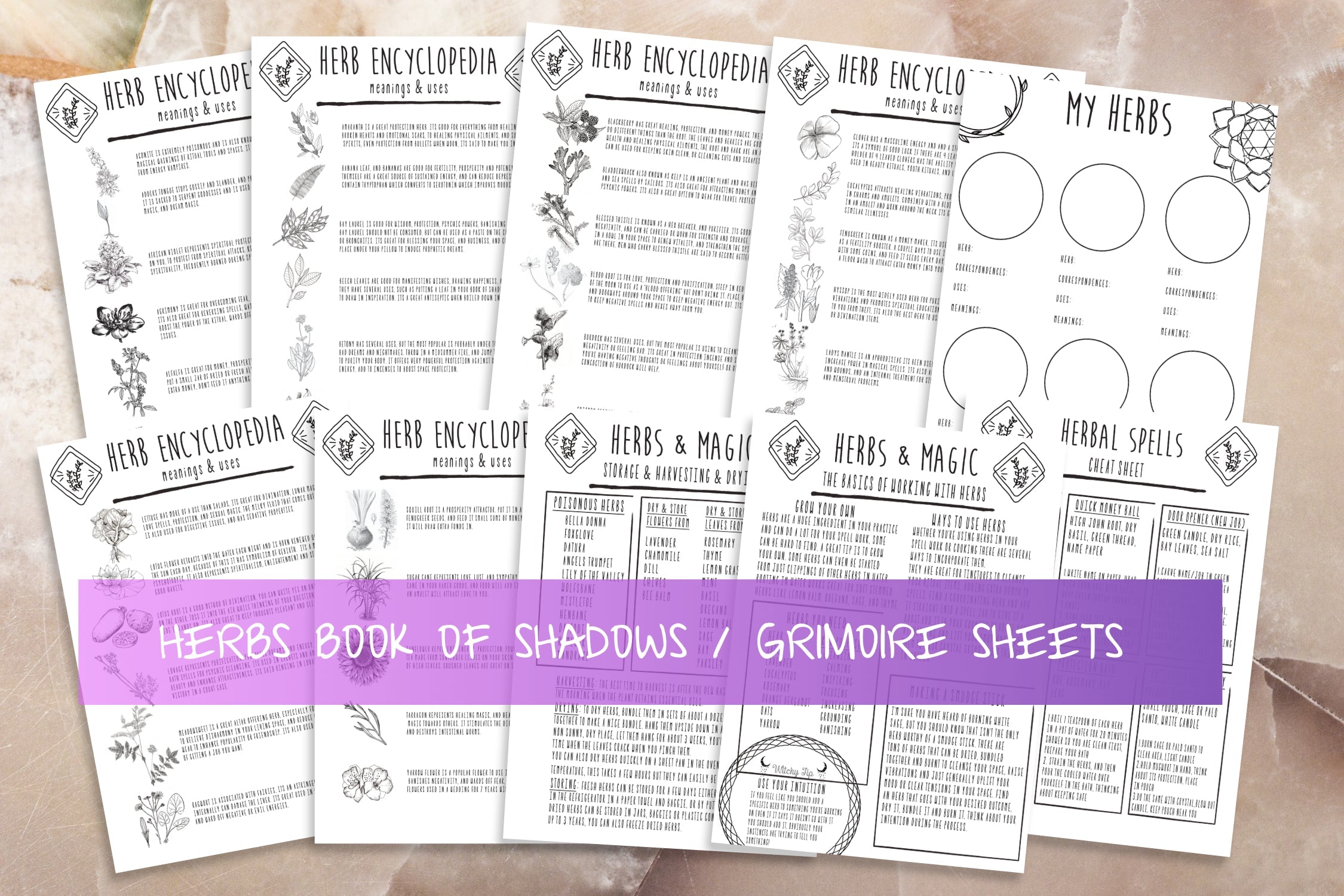 Printable Magical Herbs Book Of Shadows Set | Grimoire Pages For Witchcraft