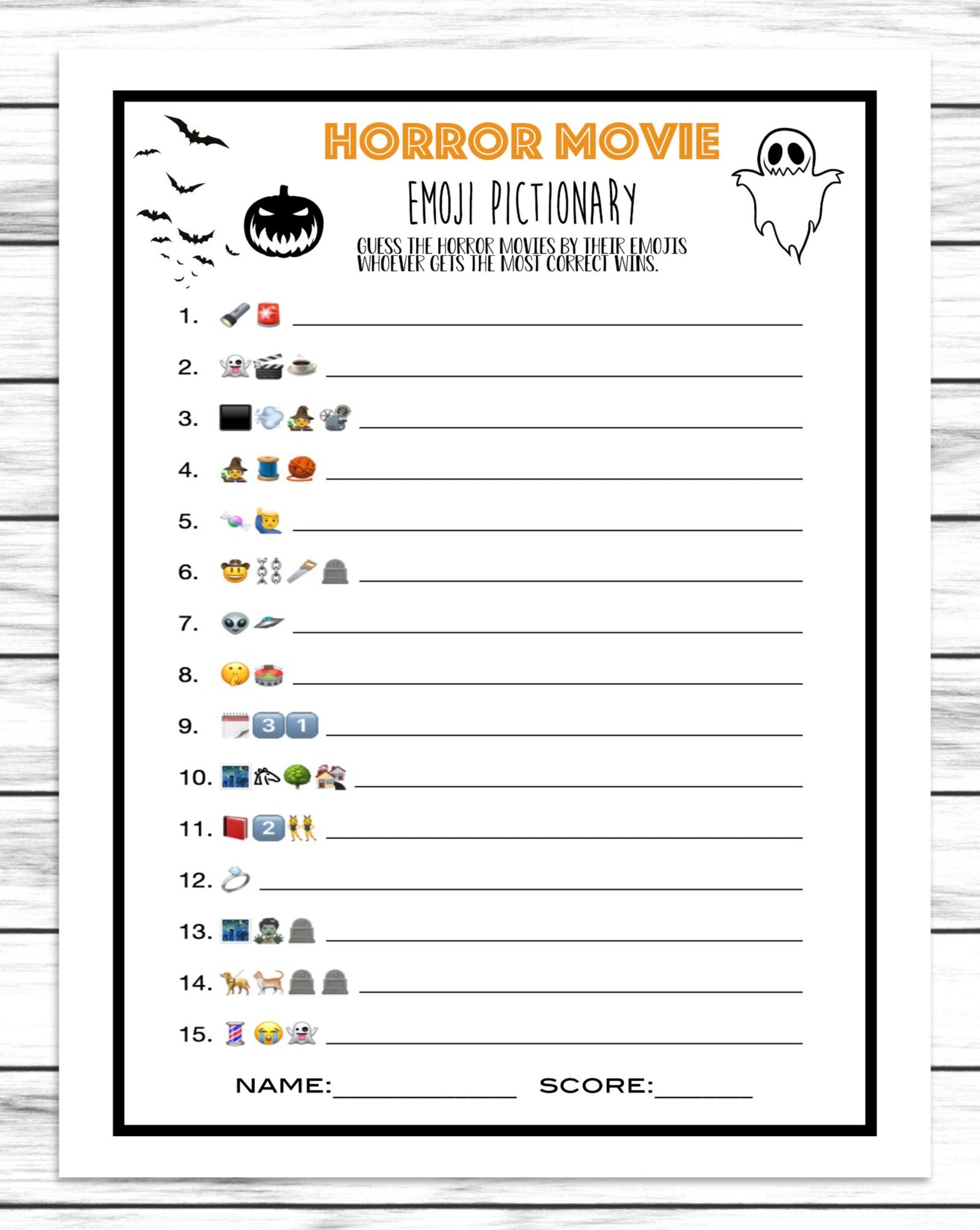 Halloween Horror Movie Emoji Pictionary Quiz,Costume Party Game, Printable Or Virtual Kids Classroom or Adults Office Activity, Instant Download