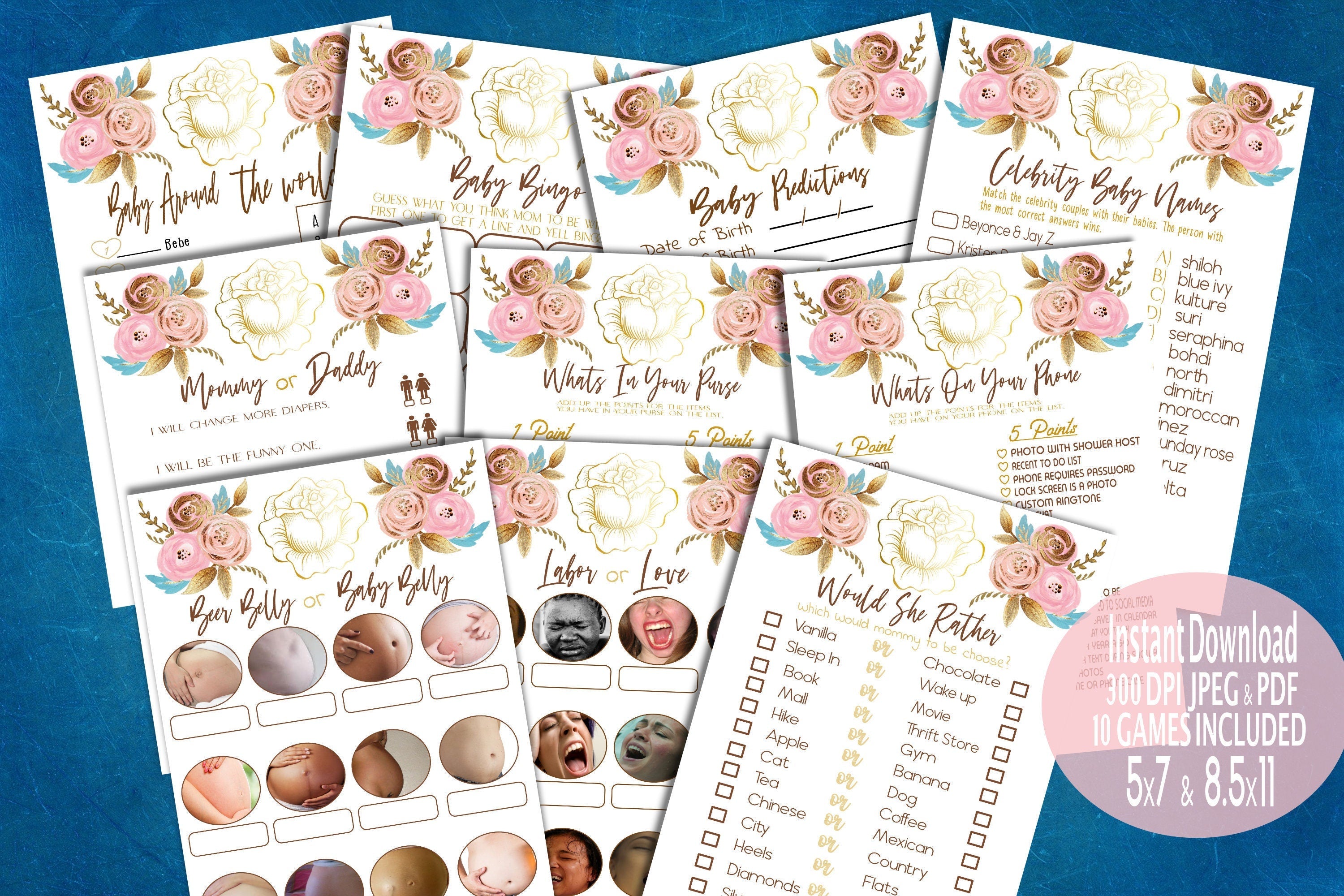 Girls Baby Shower Games Bundle, 10 Printable Games ,Baby Girl Shower Decor, Pink Baby Shower,Instant Download ,Beer or Baby Belly,Labor Love