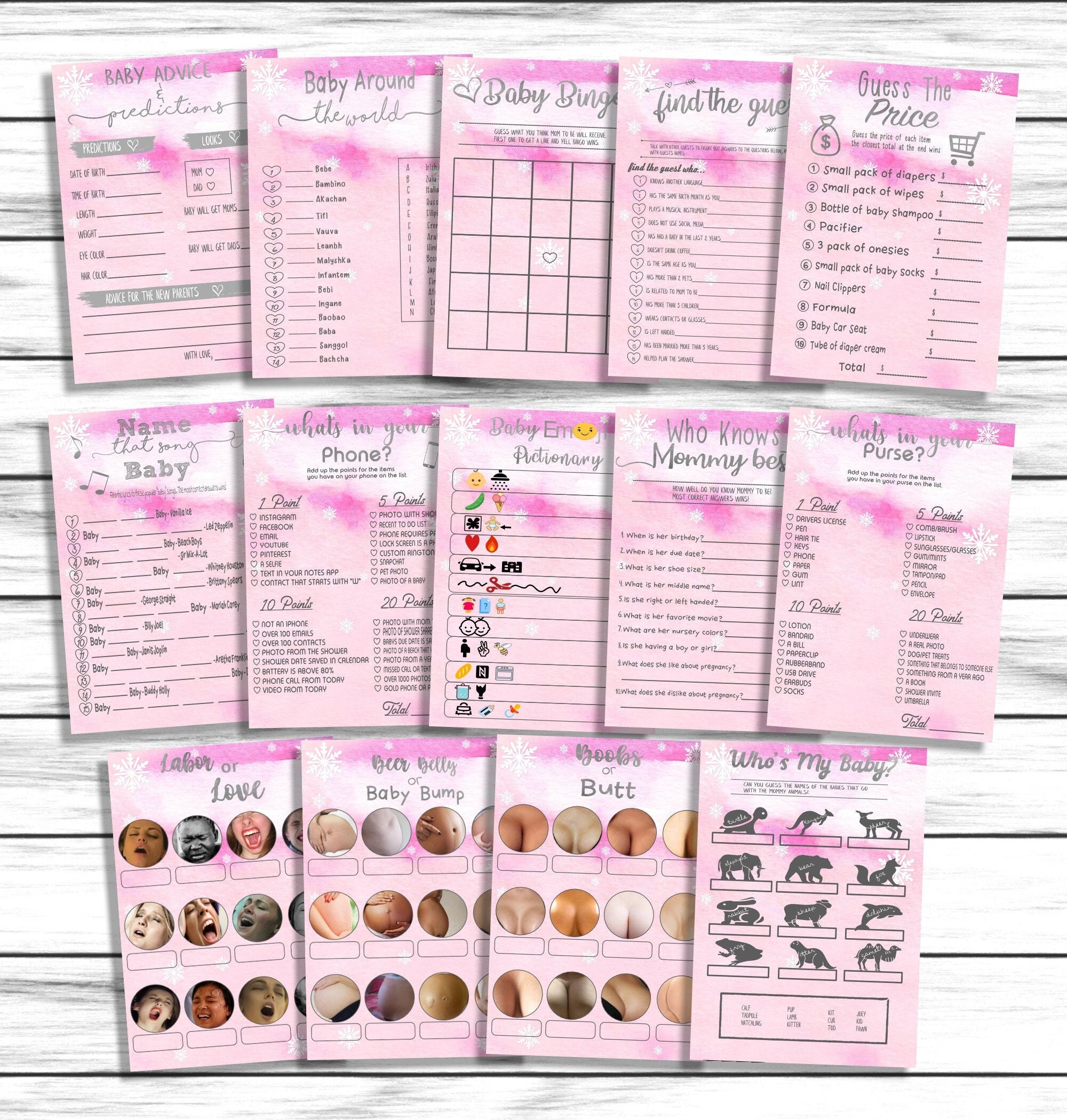 Girls Baby Shower Games, Winter Wonderland, Snowflakes, Baby Its Cold Outside, Bundle, Labor or, Beer or Baby, Printable, Pink