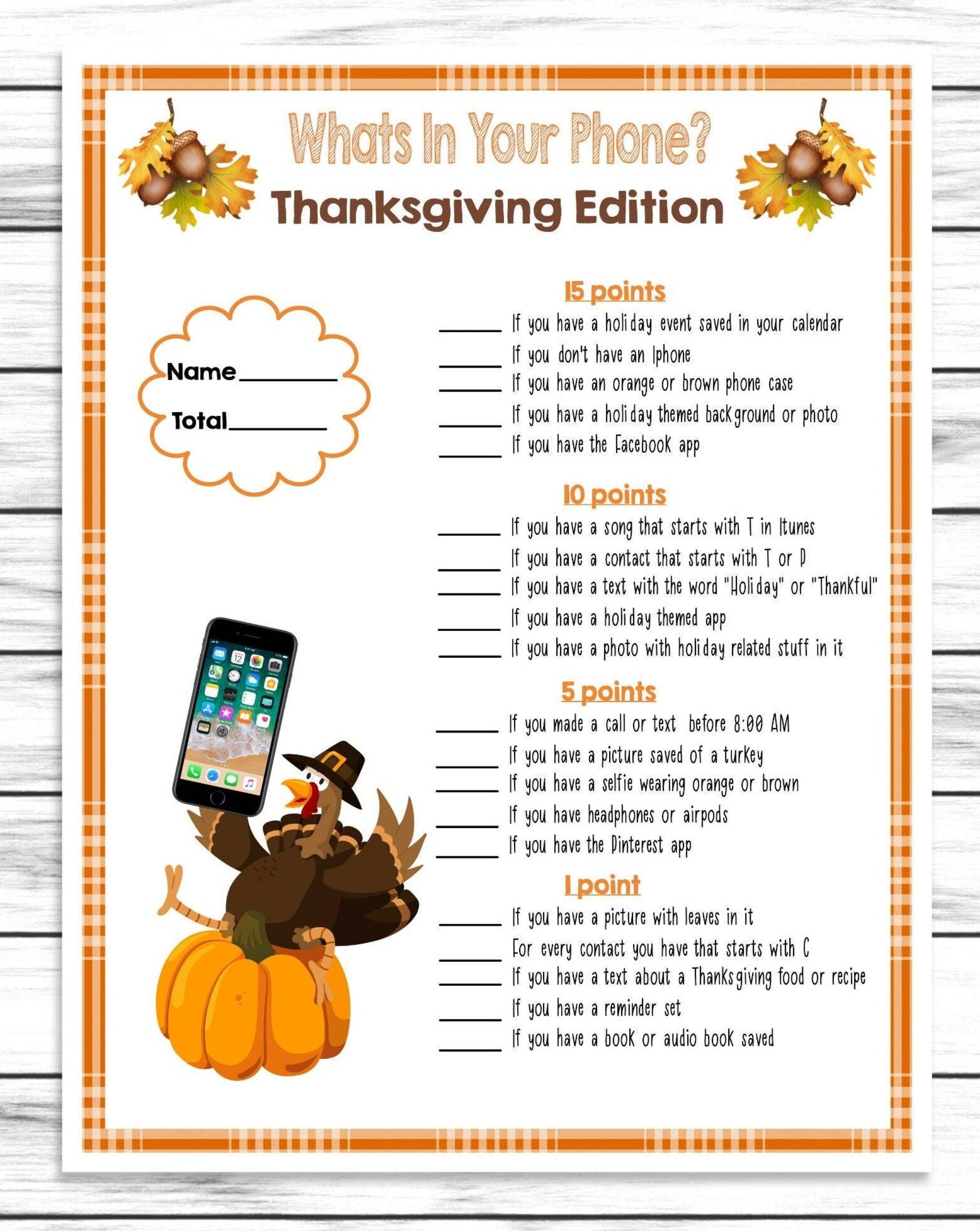 Thanksgiving Phone Game, Printable Or Virtual Turkey Day Quiz For Kids & Adults,Fun Friendsgiving Trivia,Office Classroom Party