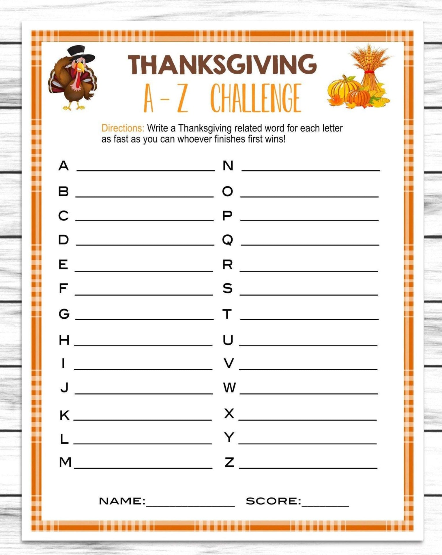 Thanksgiving A-Z Word Game, Printable Or Virtual Turkey Day Quiz For Kids Adults,Fun Friendsgiving Game,Office Classroom Party