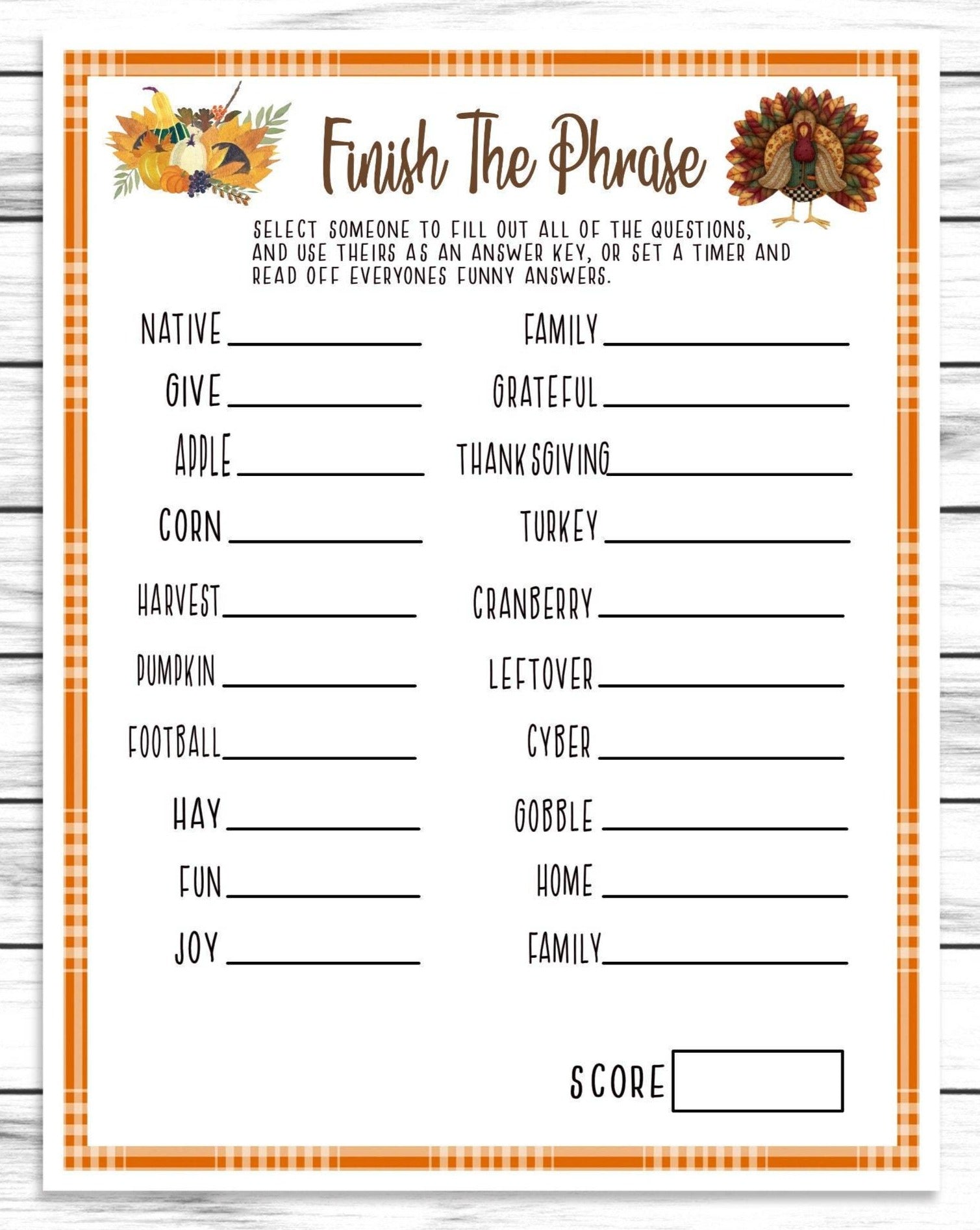 Thanksgiving Finish The Phrase Word Game, Printable Or Virtual Turkey Day Quiz For Kids Adults,Fun Friendsgiving Game,Office Classroom Party