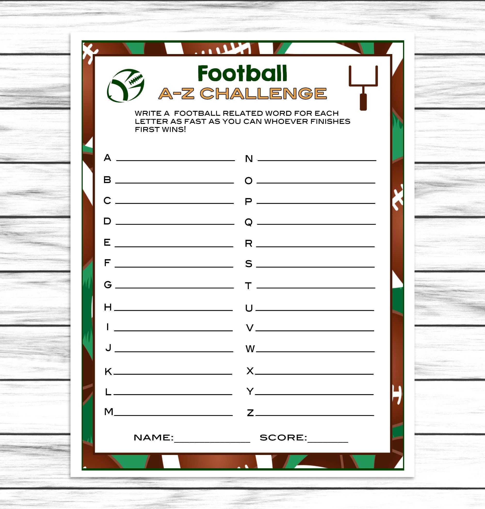 A-Z Challenge Printable Or Virtual Football Party Game For Kids & Adults, Ideas, Instant Download Activity, Office Or Classroom Party