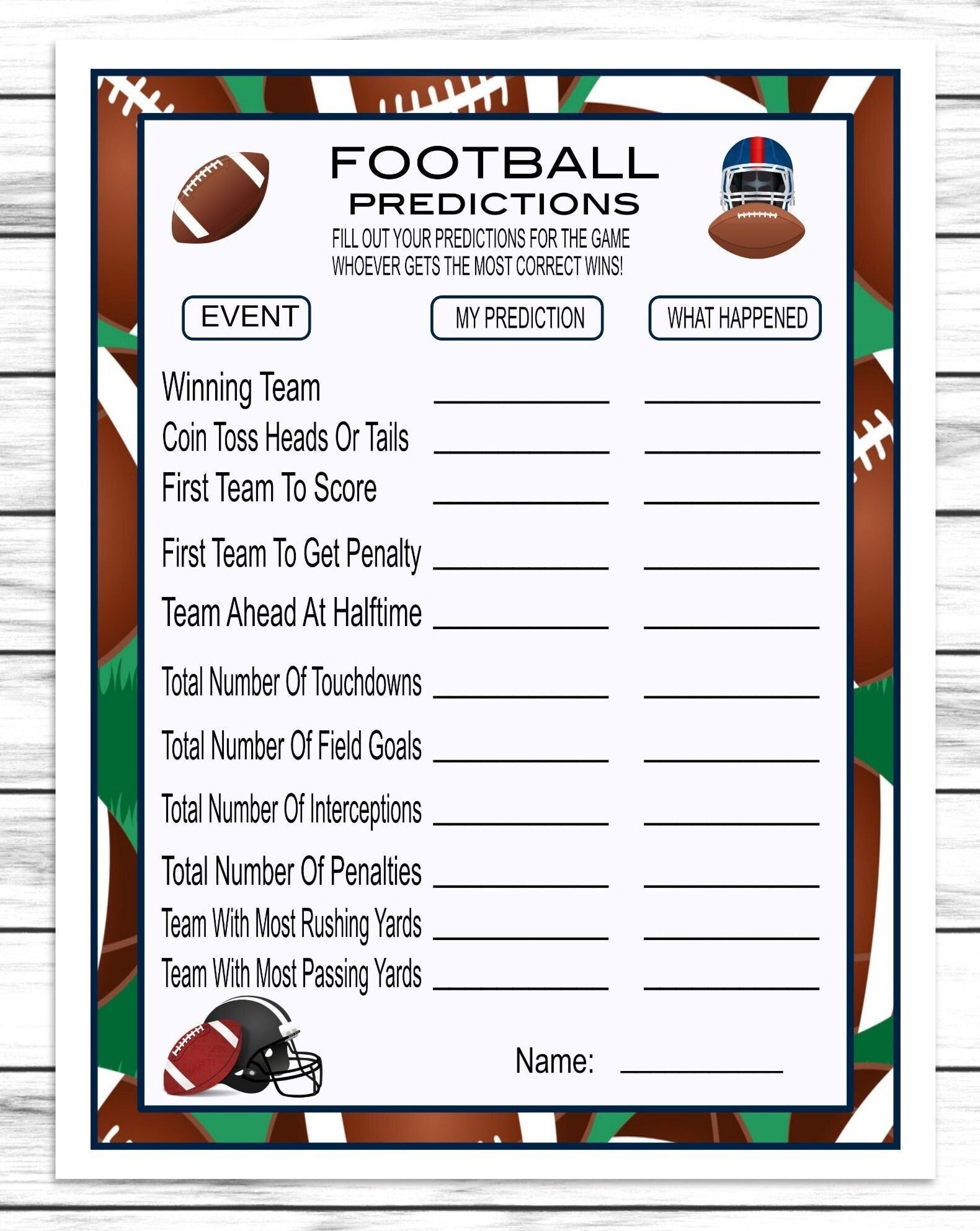 Football Predictions Printable Or Virtual Football Party Game For Kids & Adults, Ideas, Instant Download Activity, Office Classroom Party