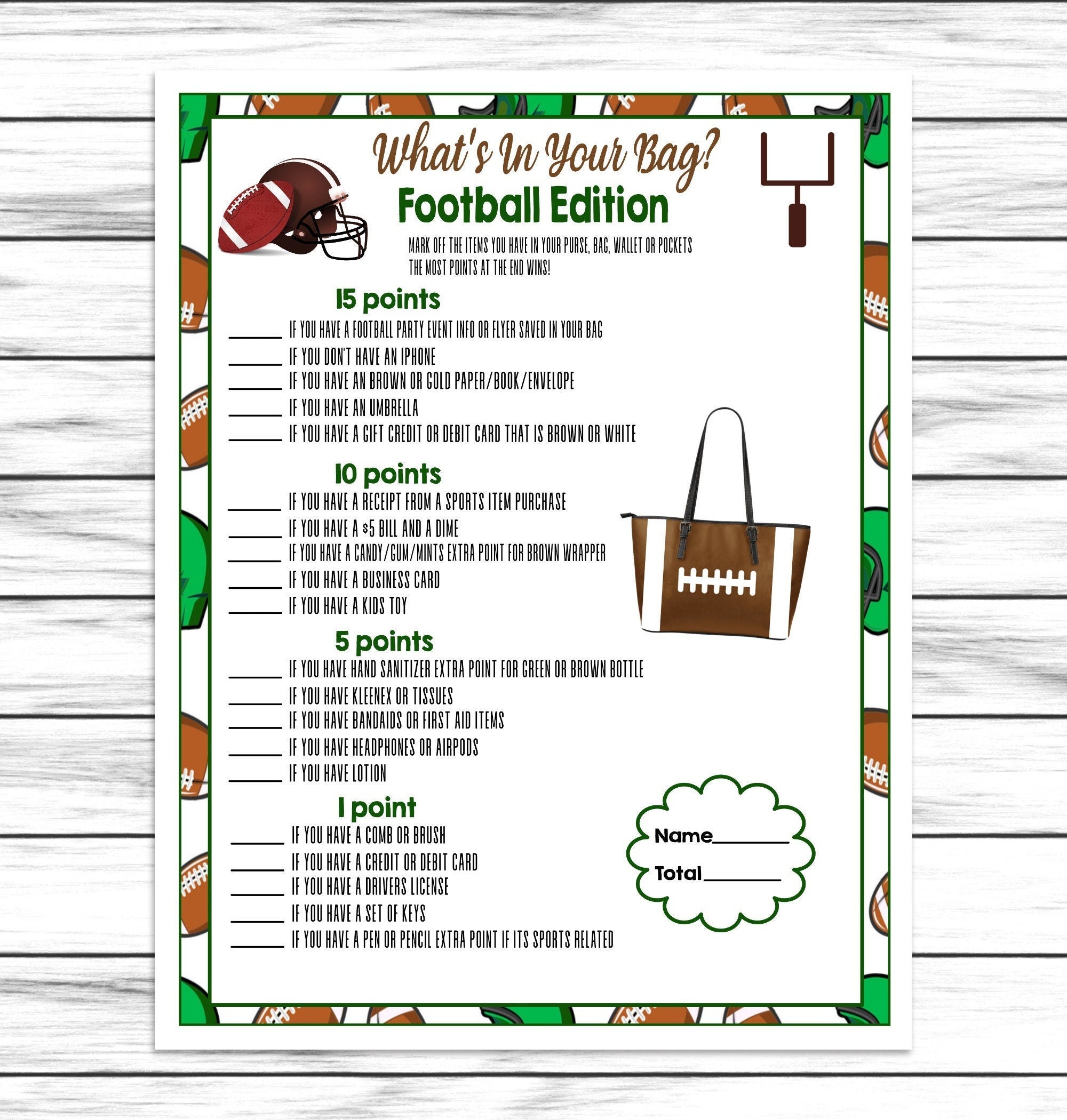 Whats in Your Bag, Printable Or Virtual Football Party Game For Kids & Adults, Ideas, Instant Download Activity,Office Classroom Party