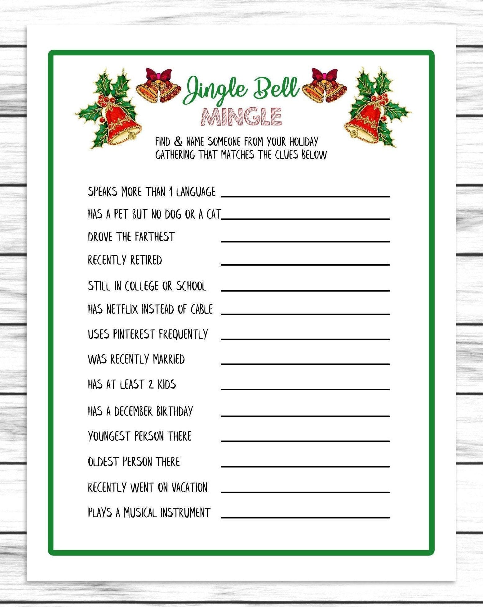 Christmas Jingle Mingle Game, Printable Or Virtual Holiday Party Game For Kids & Adults, Classroom Office Party Activity, Xmas Ice Breaker